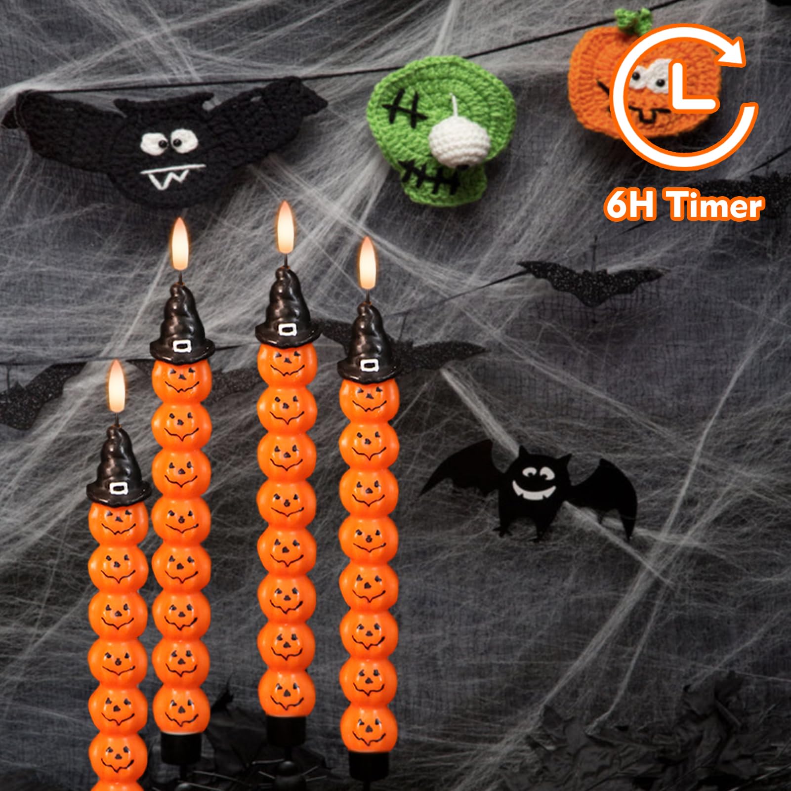 Genswin Halloween Flameless Taper Candles With Timer, 2 Pack Taper Candles Battery Operated, Real Wax Pumpkin Flickering Led Tap