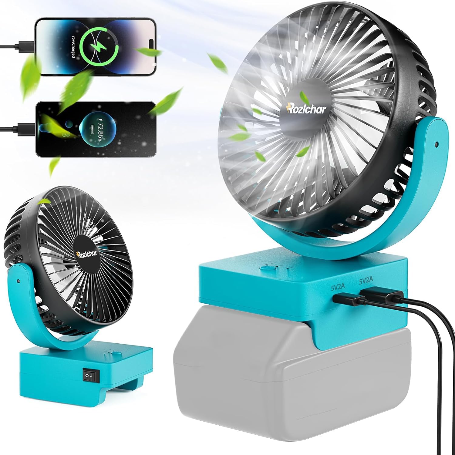 Rozlchar Portable Cordless Fan Compatible For Makita 18V Battery, Work for BL1860 BL1850 BL1840 BL1830, Jobsite Fan With USB A+C