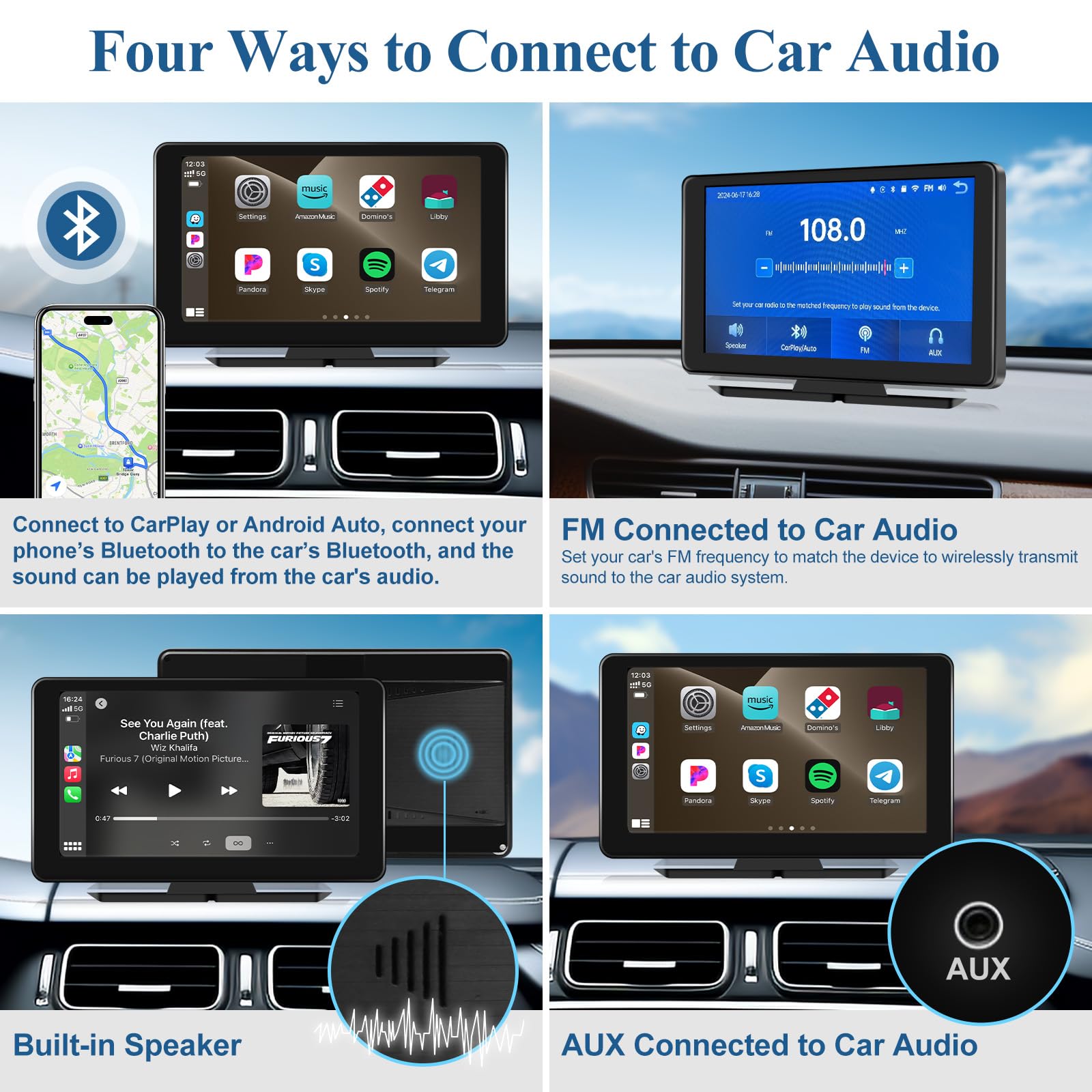 Portable Apple Carplay Screen For Car, 7'' Ips Touch Screen With 4K Dash Cam, Wireless Android Auto Screen, 1080P Backup Camera,