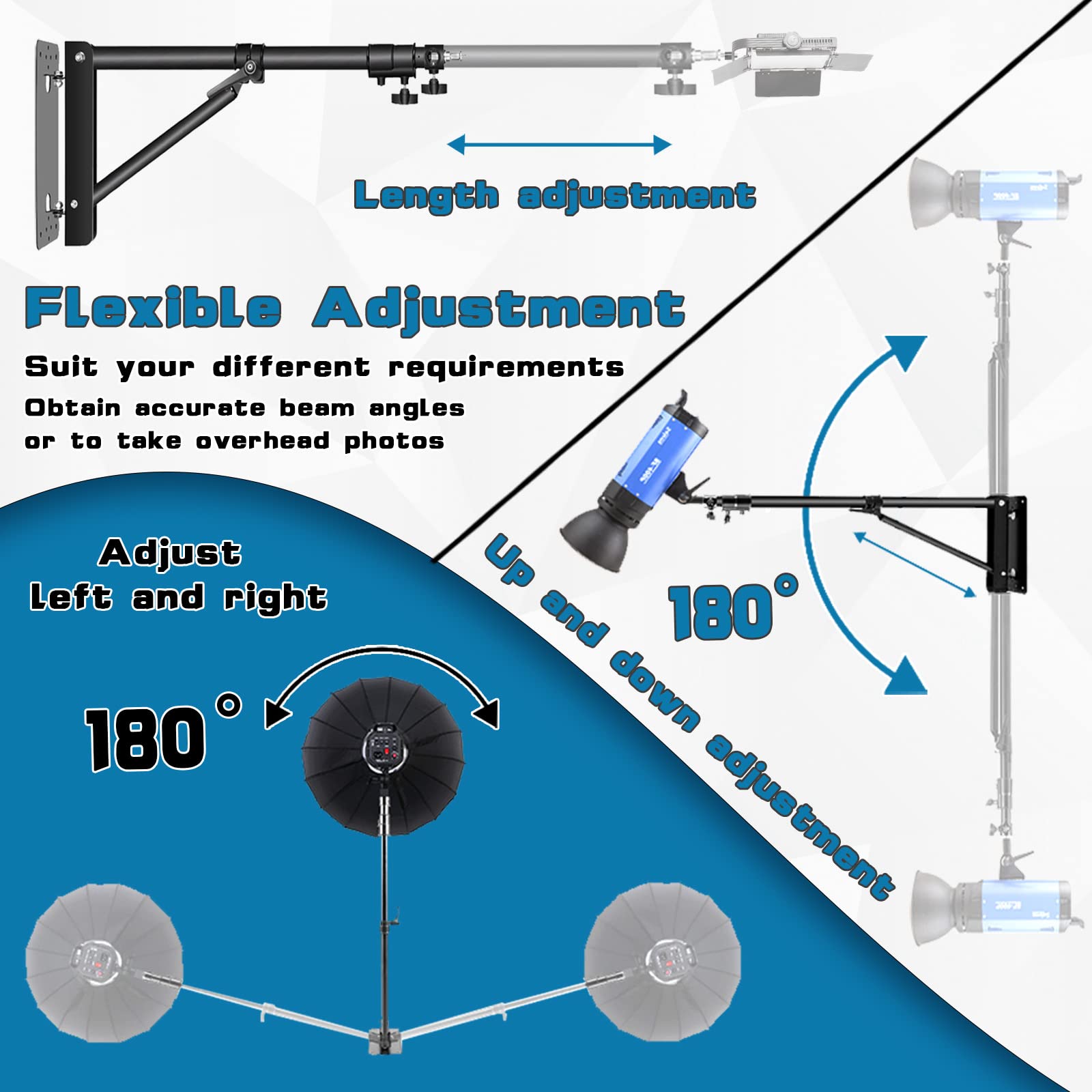 4.3Ft/130Cm Wall Mount Triangle Boom Arm, 180 Flexible Rotation, Save Space, For Ring Light, Photography Strobe Light, Monolight