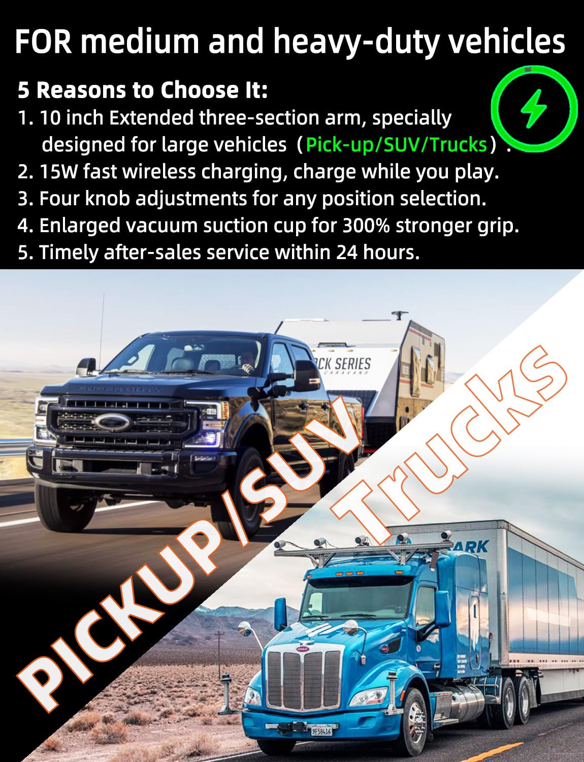 Wckesi Wireless Car Charger Phone Holder Mount For Truck,?10-Inch Long Arm ? Pickup Truck Phone Holder Qi2 15W Fast Charging Hea