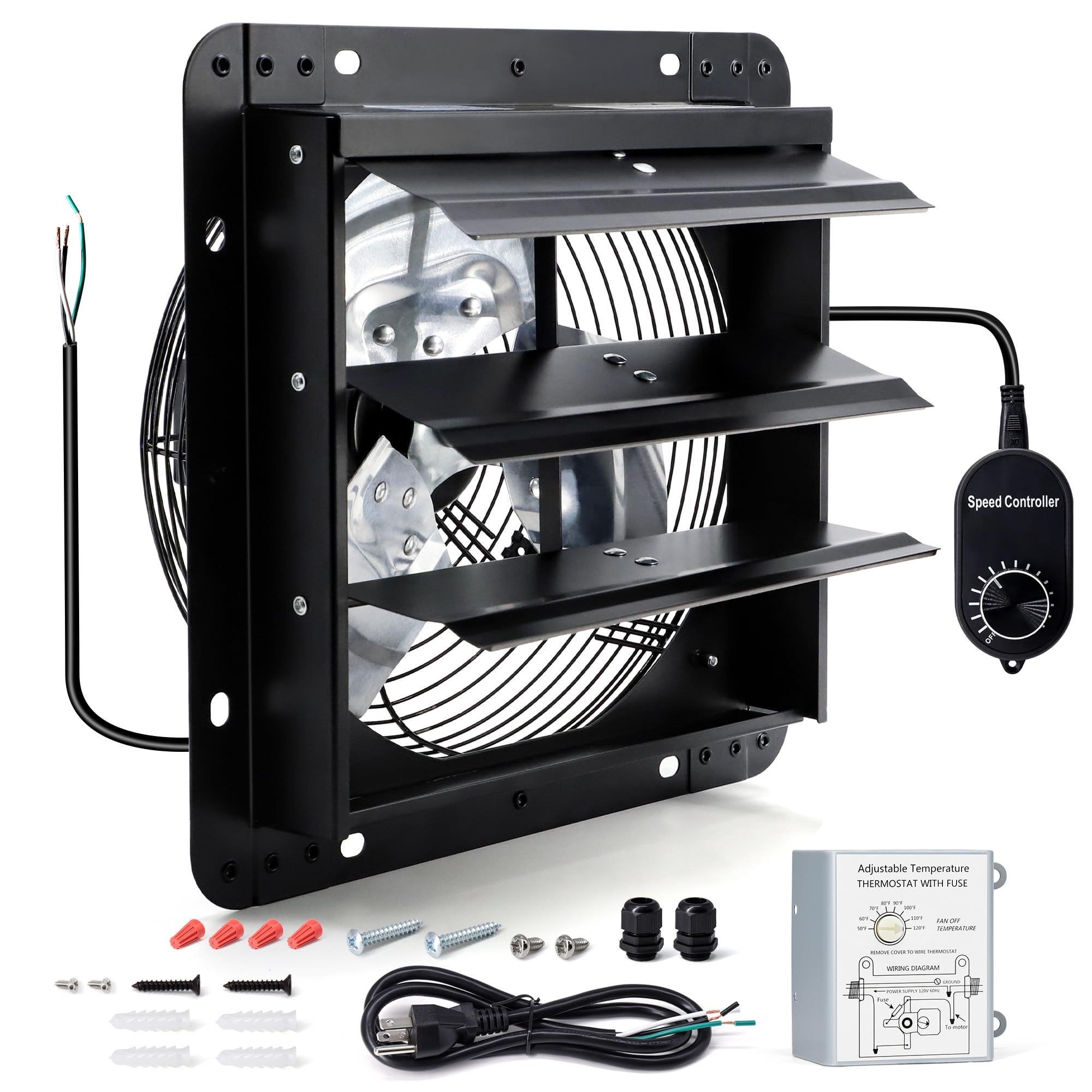 Hipoilk 12 Inch Wall Mounted Shutter Exhaust Fan With Thermostat And Speed Controller For Attic, Greenhouse, Shed, Garage, Chick