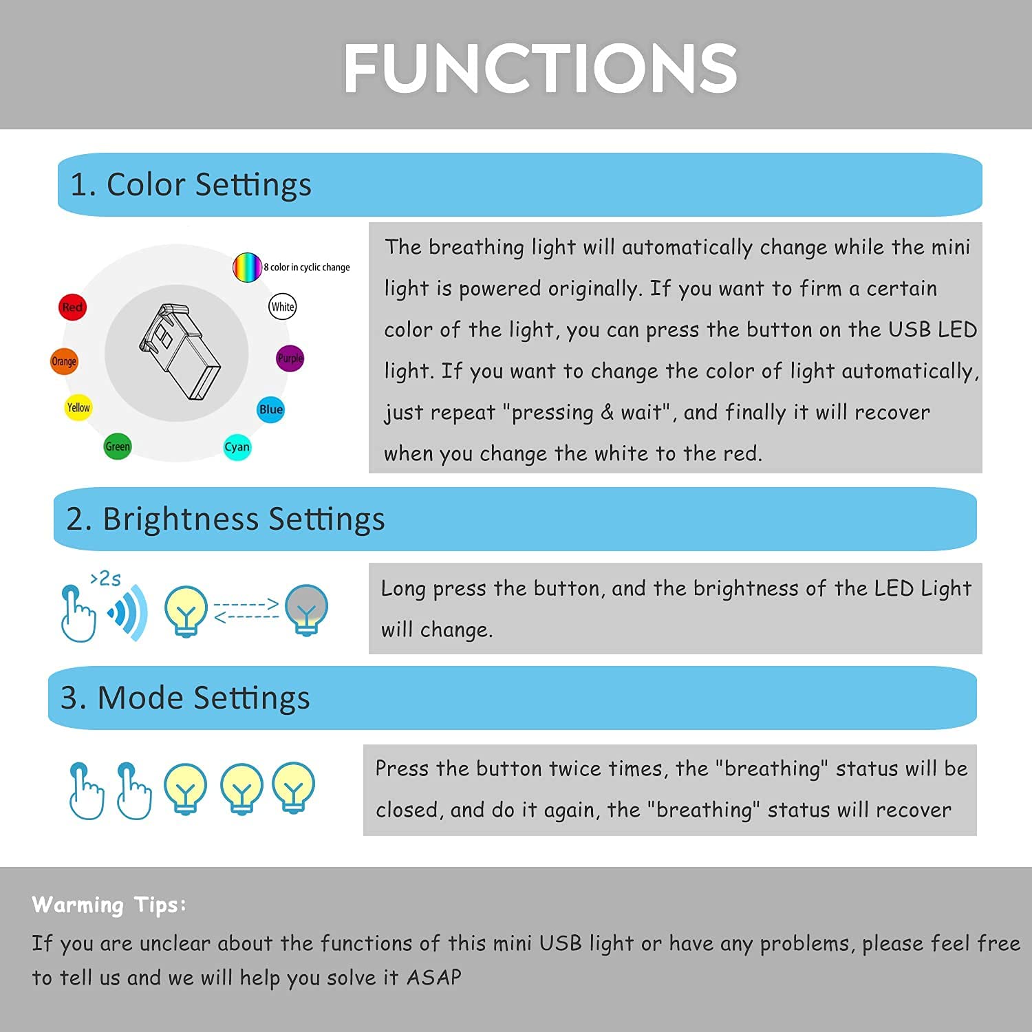 Aozita Mini Usb Led Rgb Light Brightness Adjustable 8 Color Changeable For Car, Laptop, Keyboard. Atmosphere Smart Night Lamp Fo