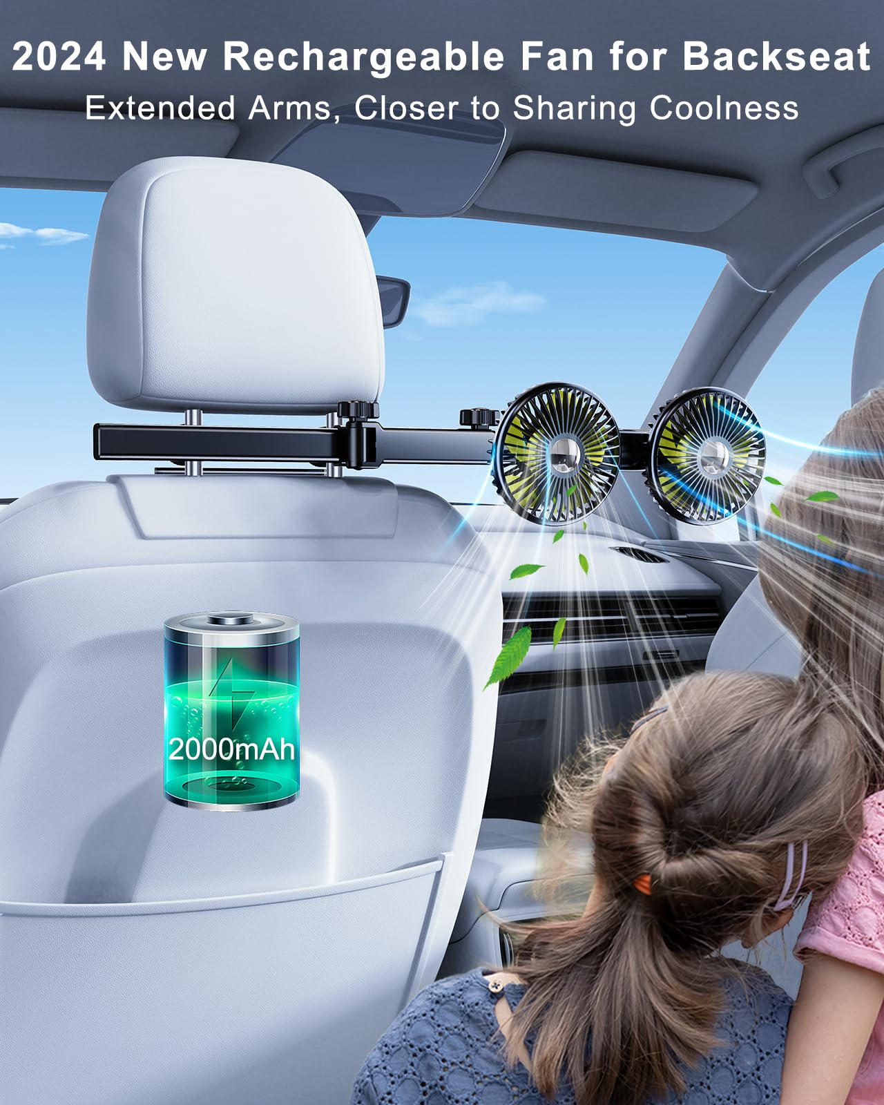 Nauttxon Battery Fan For Car Backseat With Retractable Long Arm, [Comes With Car Charger & Usb C Cable*1] 360Rotatable 3 Speeds