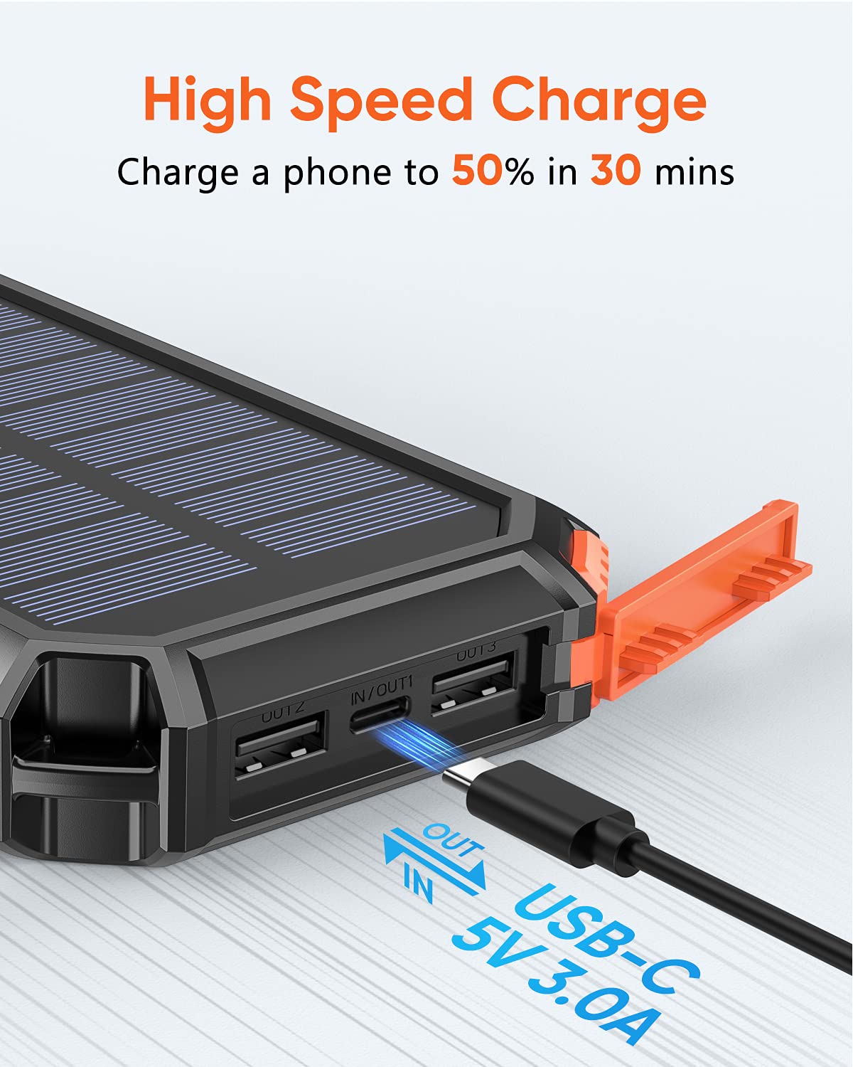 Riapow Solar Charger Power Bank   27000Mah Portable Phone Charger With Built In Usb Cables 3.0A Fast Charge Battery Pack, 5 Outp