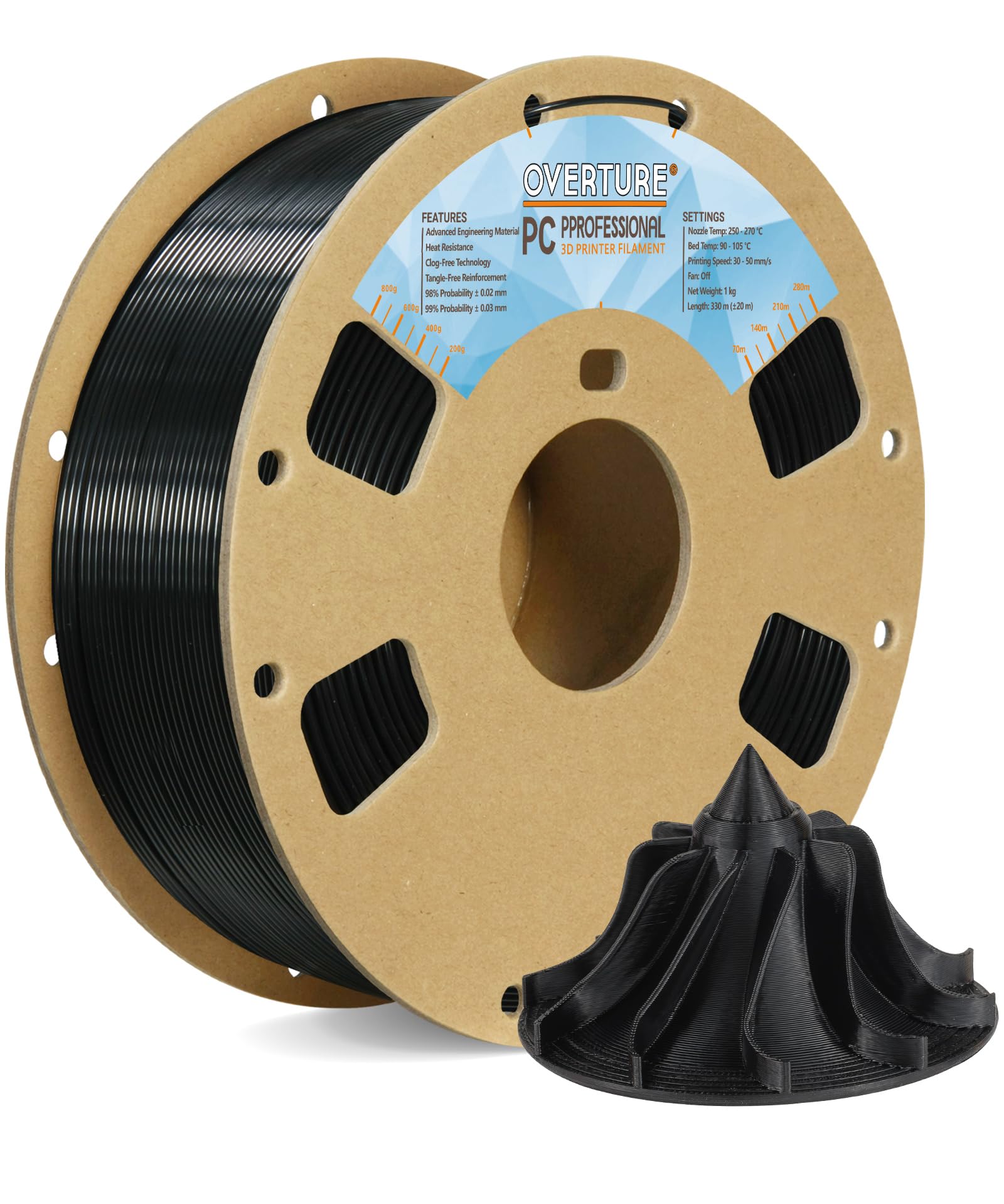 Overture Tough Pc Profeesional Filament, Cardboard Spool, 1Kg(2.2Lbs), Dimensional Accuracy 99% Probability +/  0.03Mm, Fit Most