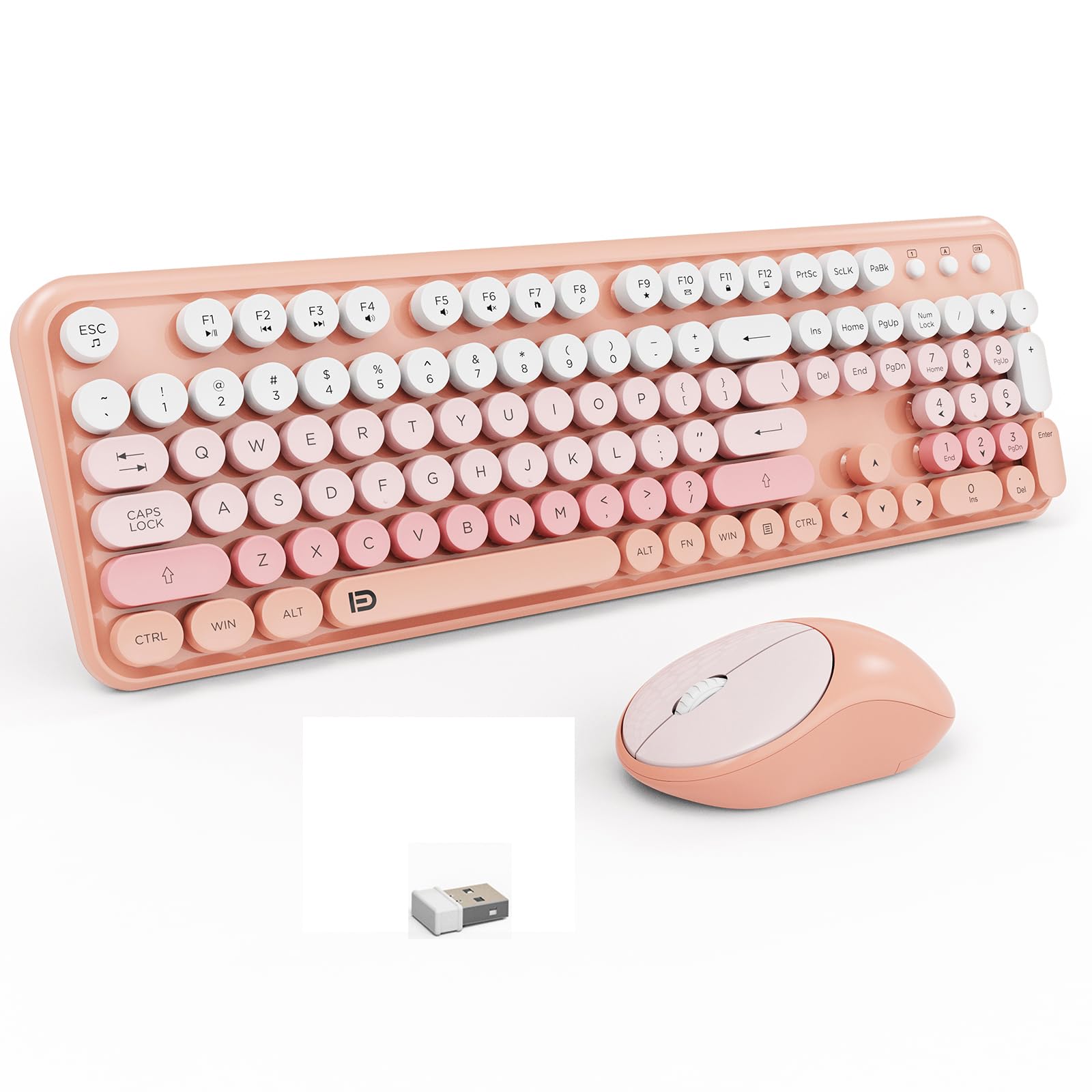 Wireless Keyboard And Mouse Combo, 105 Round Keys Full Size Cute Colorful Pink Cordless Keyboard And Mouse With Retro Typewriter