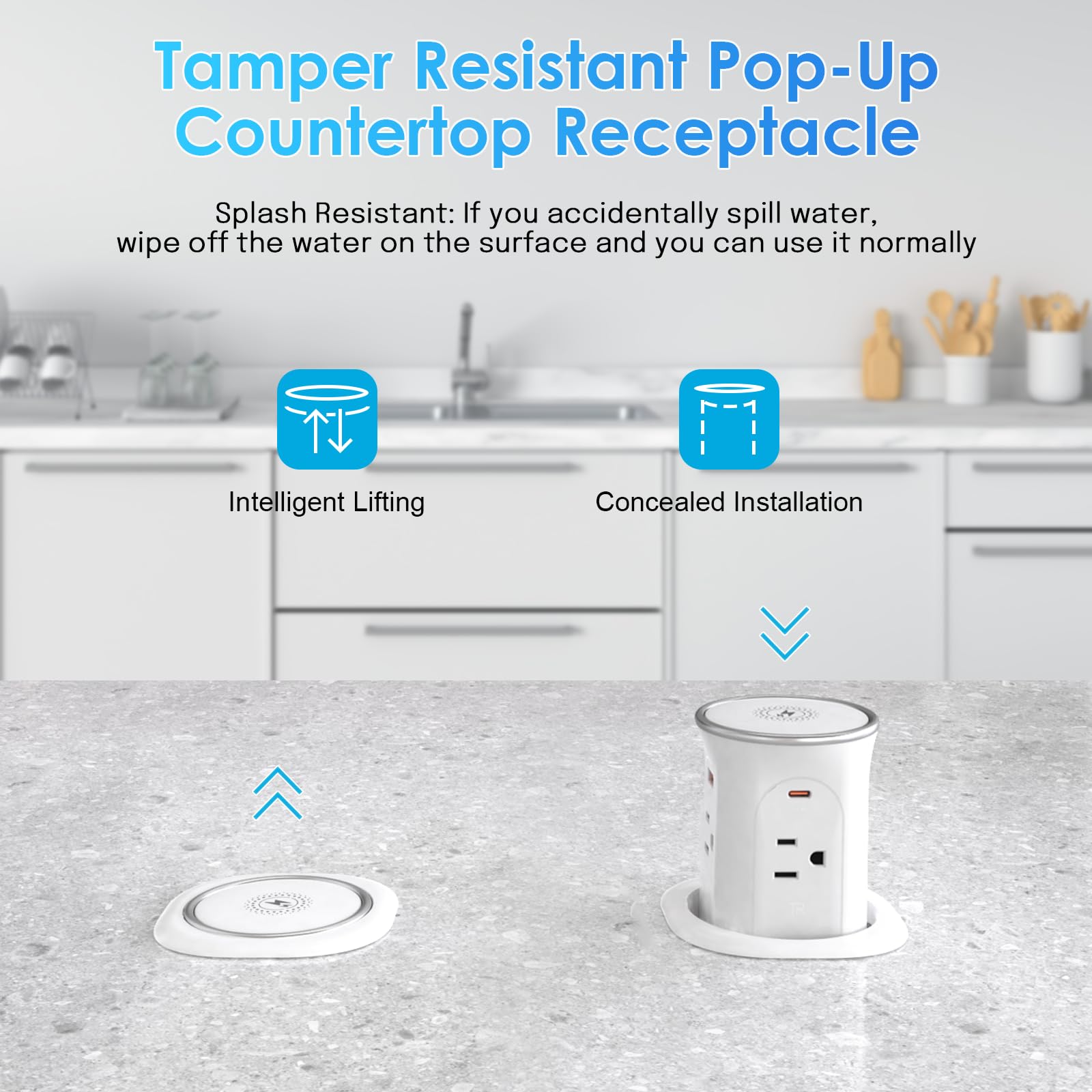 3.15In Pop Up Countertop Outlet With 15W Wireless Charger, Max 20W Usb Power Delivery 15A Tamper Resistant, Desktop Mount Electr