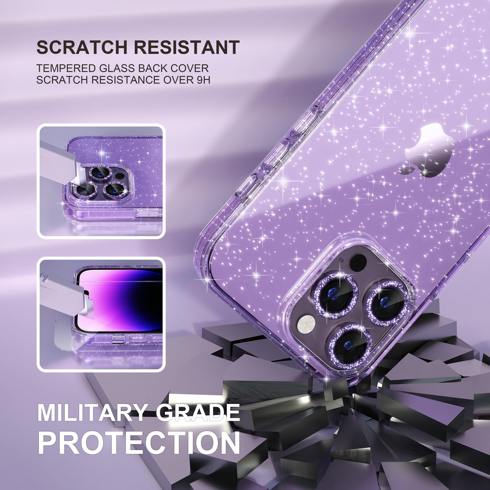 Choiche Compatible For Iphone 14 Pro Max Case Cute, Women Clear Glitter Bling Sparkly Case, [3 X Diamond Camera Lens Protectors]
