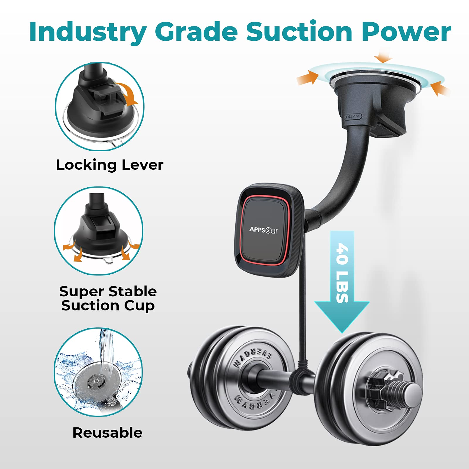 Apps2Car Magnetic Phone Holder For Car, Dashboard Windshield Phone Holder Mount With Flexible Arm & Built In Strong Magnets, Suction Cup Phone Holder For Car Compatible With All Smartphones