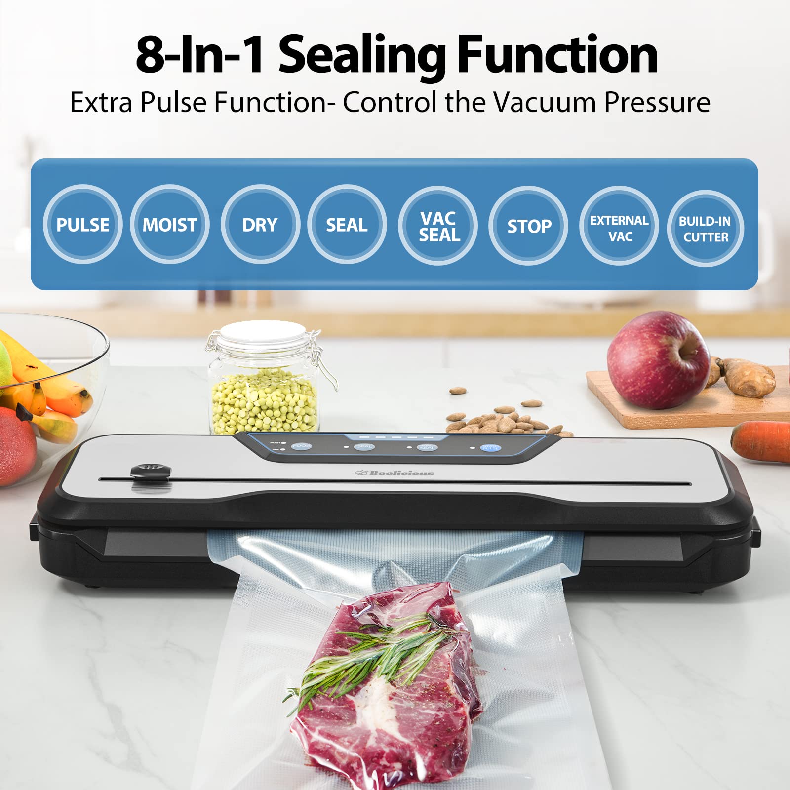 Vacuum Sealer Machine, With Starter Kit And 2 Year Warranty, Beelicious Automatic Air Sealing For Food Storage, Build In Cutter,