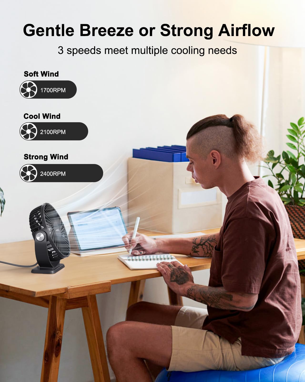 Tripole Small Desk Fan Usb Powered Portable Fan 3 Speeds Strong Airflow Mini Fan 360Rotation Personal Fan 5.1 Inch Table Fan For