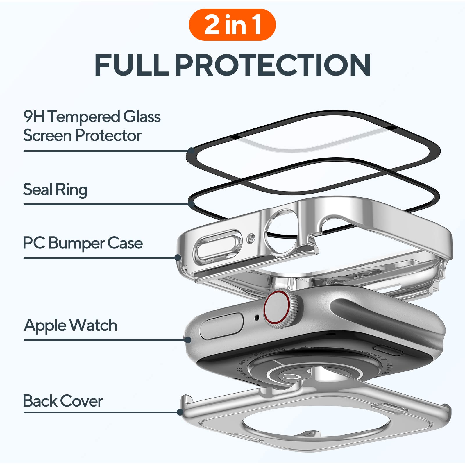 2 Pack 2 In 1 Waterproof Case For Apple Watch Series Se Se2 6 5 4 44Mm, Straight Edge Pc Front & Back Bumper With Tempered Glass