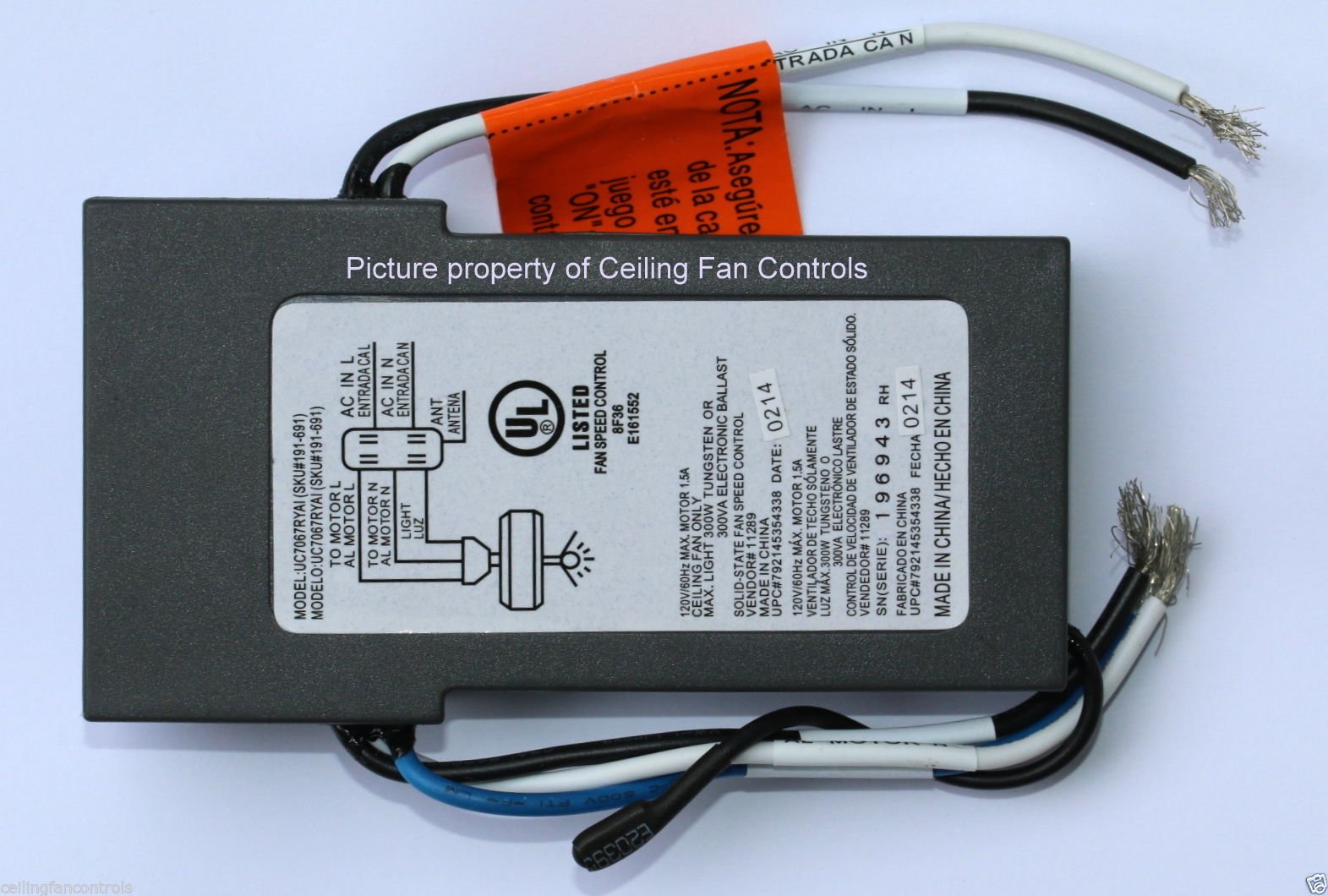 Uc7067Ryai (Sku#191 691) New Ceiling Fan Receiver Hampton Bay 7067Yai S05(6+5)