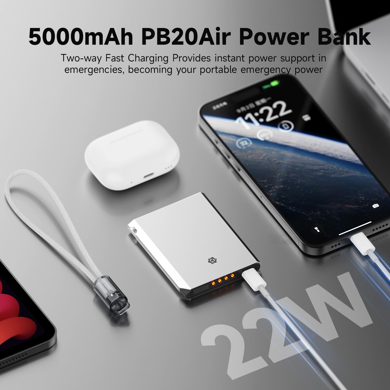 Limeta Portable Charger,Ultra Slim 22W 5000Mah Fast Charging Power Bank With 65W Usb-C Cable Lanyard/App Control,Travel/Camping