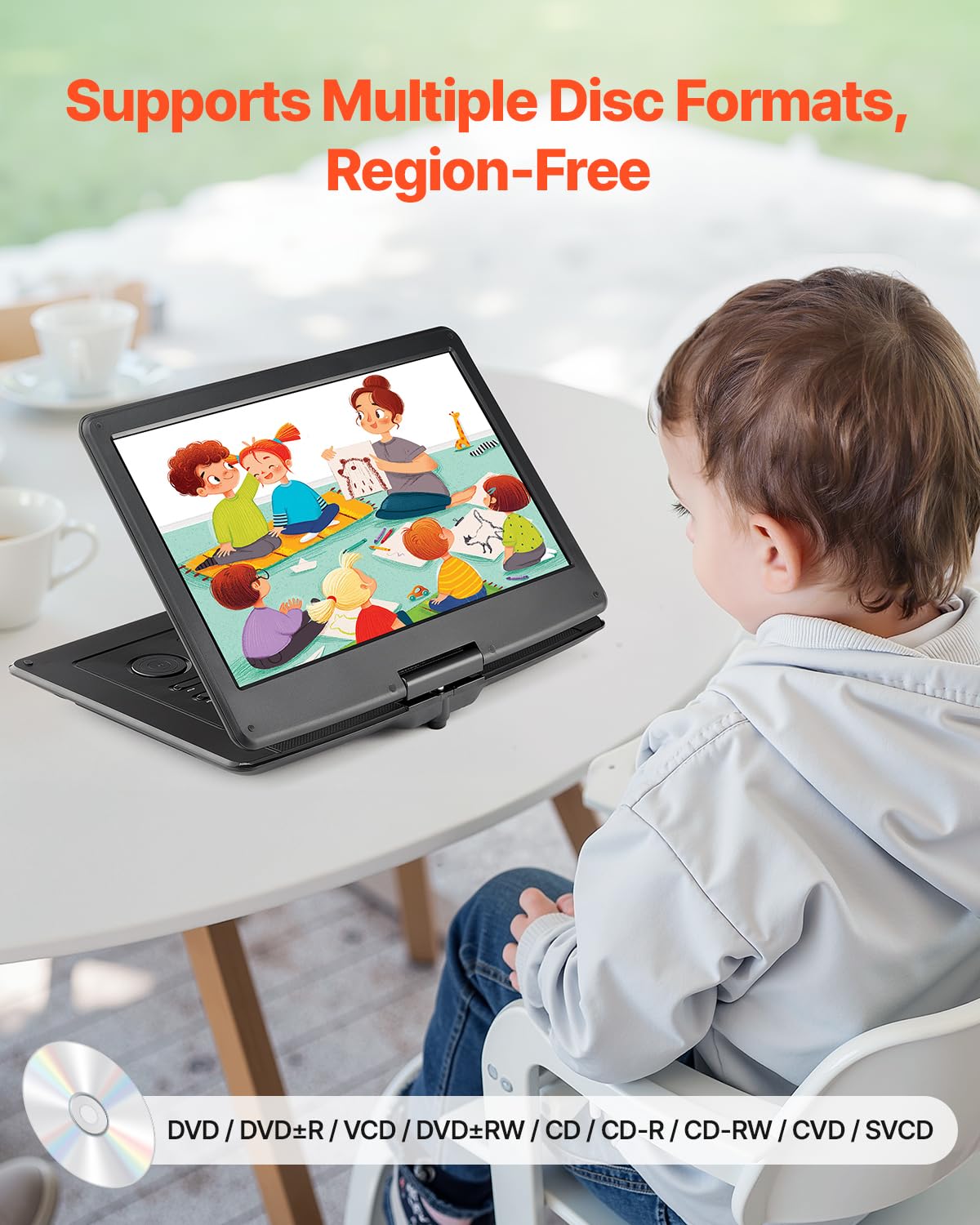 Vevor 17.5 Portable Dvd Player With 15.6 Inch Hd Swivel Display Screen, 4.5-5 H Built-In Rechargeable Battery, Dual Speakers, Su