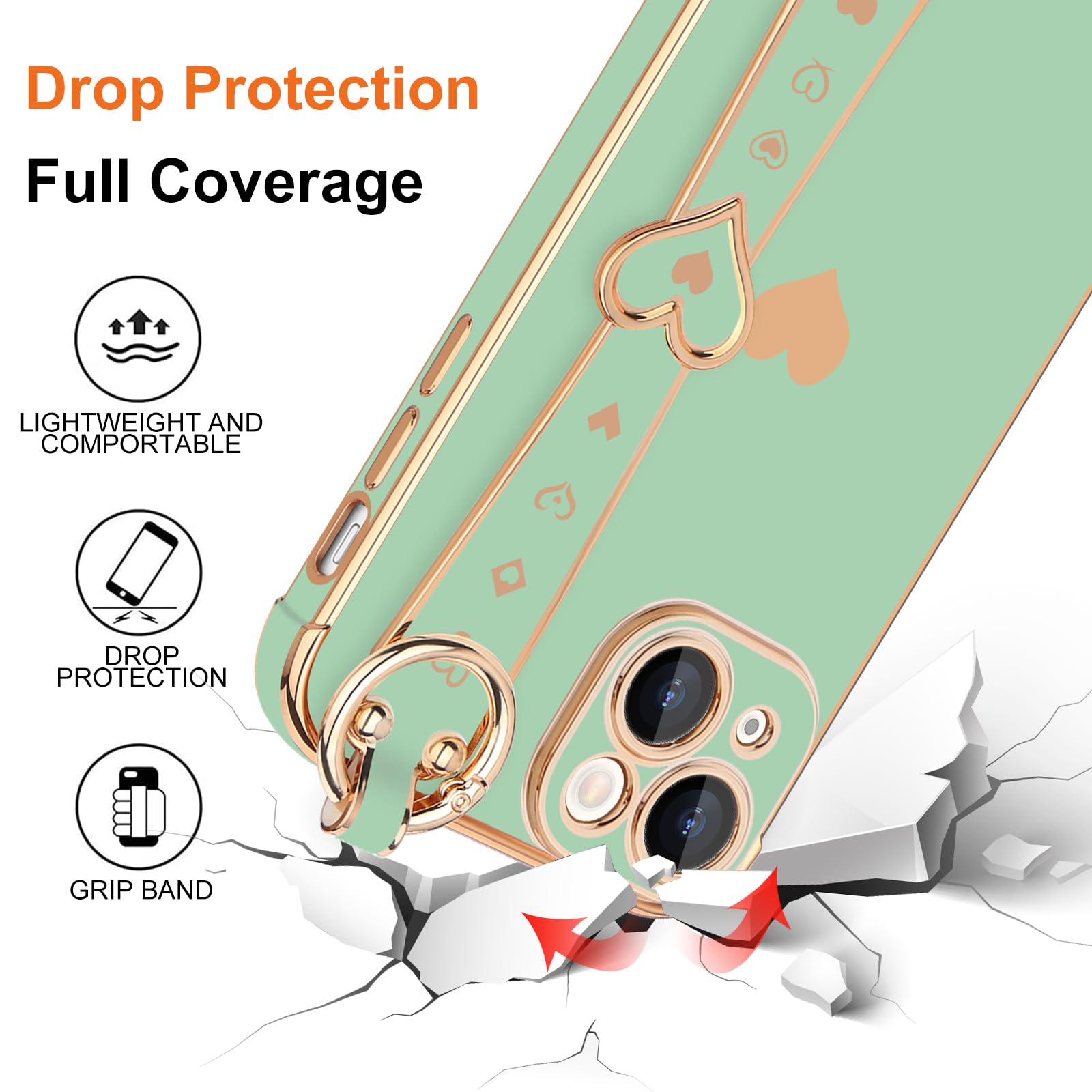 Llz.Coque For Iphone 14 Plus Case Cute Love Heart Plating Strap Phone Cover For Women Girls Bling Silicone Camera Lens Protectio