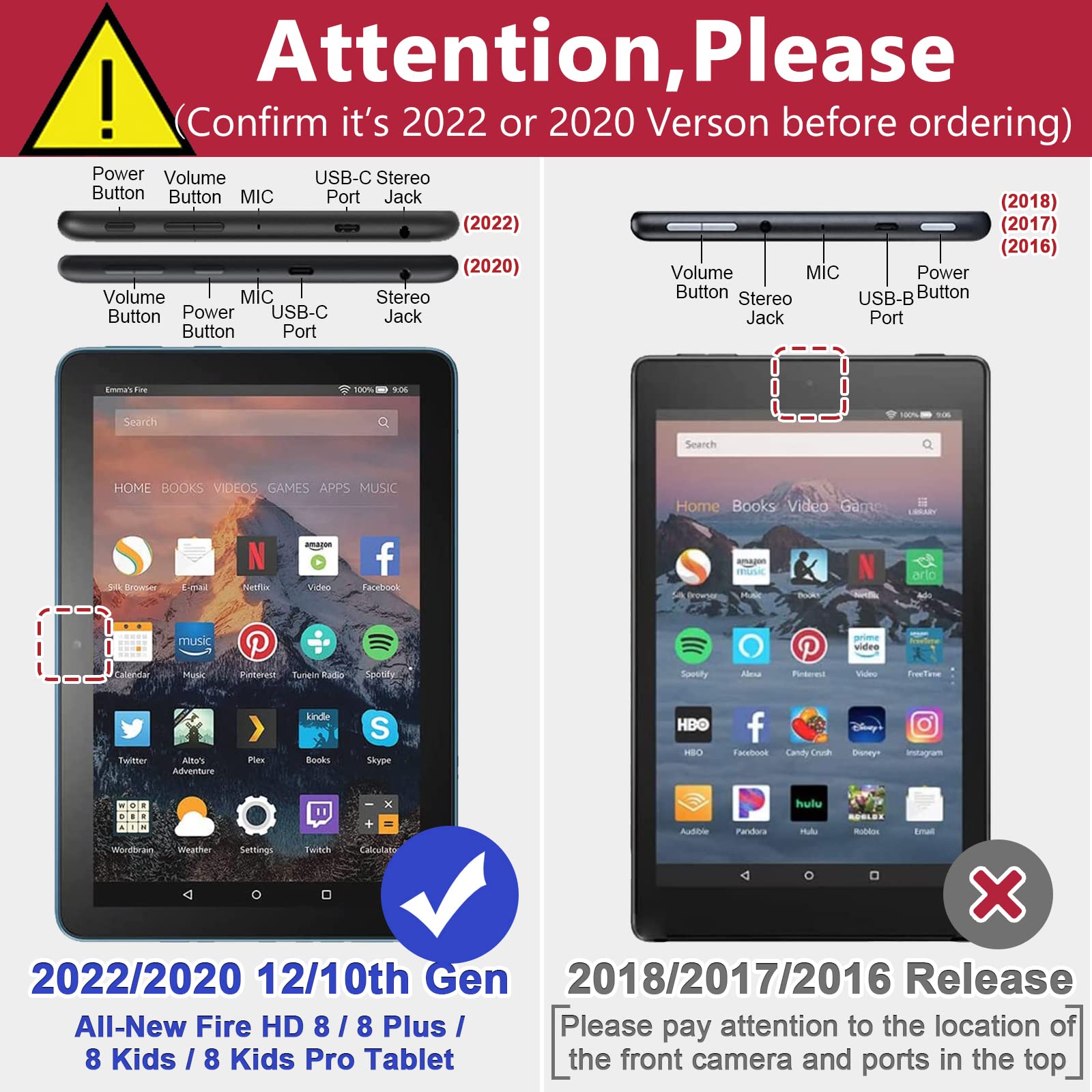 Grifobes Case [Only For 2022/2020 Released 12Th/10Th Generation] Kindle Fire Hd 8/8 Plus, Premium Pu Leather Folio Stand Smart A