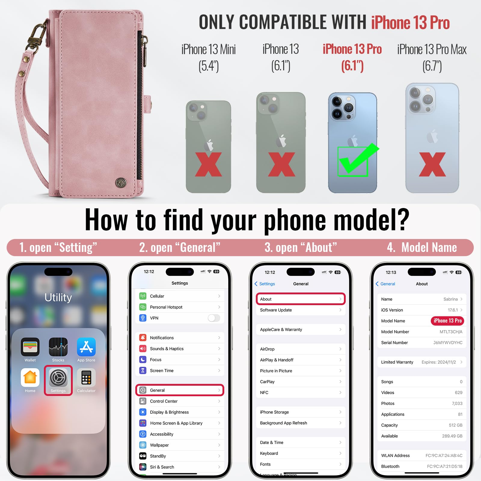 Defencase For Iphone 13 Pro Case, For Iphone 13 Pro Case Wallet For Women Men, Durable Pu Leather Magnetic Flip Strap Wristlet Z