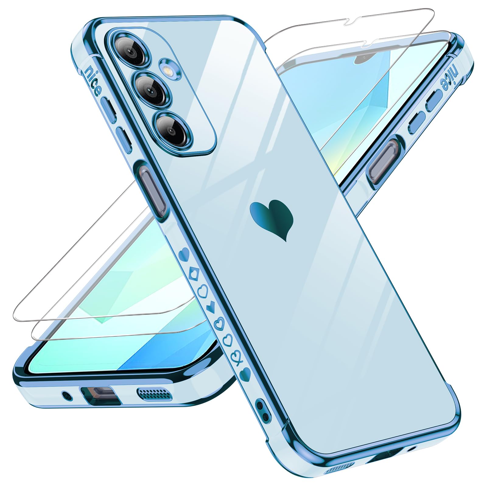 Leyi For Galaxy A16 5G Case: With Tempered Glass Screen Protector [2 Pcs]+ Full Camera Lens Protection,Love Heart Plating Girly