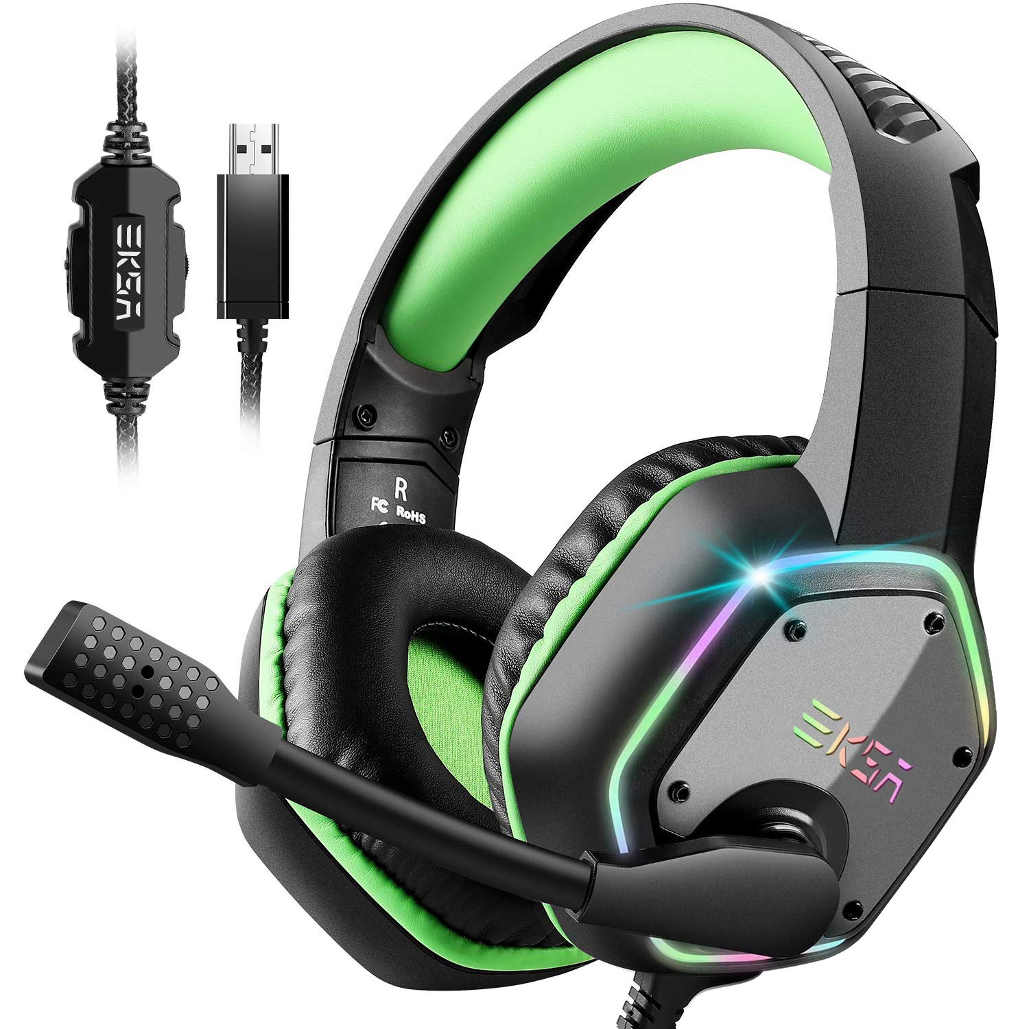 Eksa E1000 Gaming Headset, Computer Headphones With Noise Canceling Mic & Rgb Light, Compatible With Pc, Ps4, Ps5, Laptop