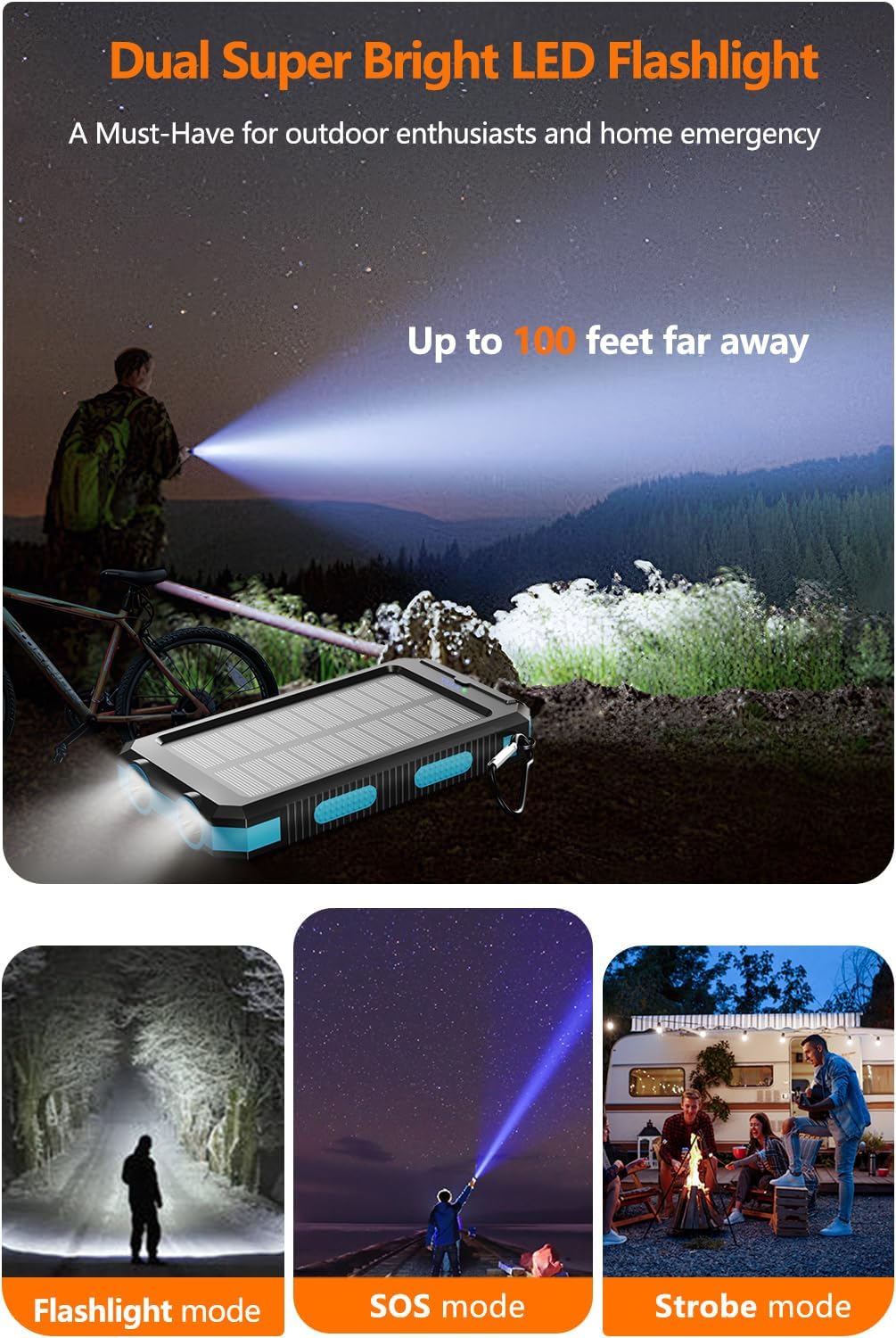 Power Bank 10000Mah Solar Portable Charger With Usb-C 5V/3.1A Fast Charging Compatible With Iphone, With 2 Led Flashlights And I