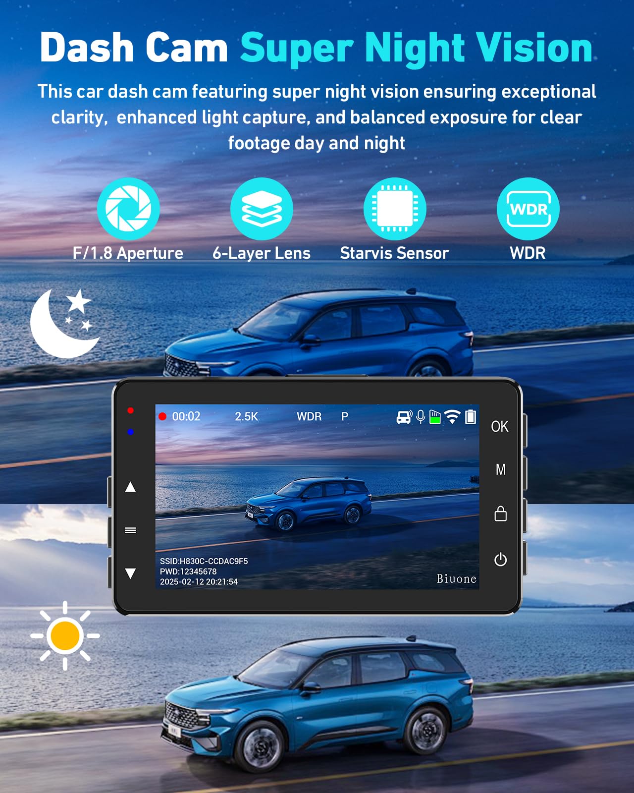 Dash Cam Front And Rear, 2.5K Dual Dash Camera For Cars W/ 64Gb Card,3  Ips Screen Dash Cam Built-In 5G Wifi, Car Camera With G-