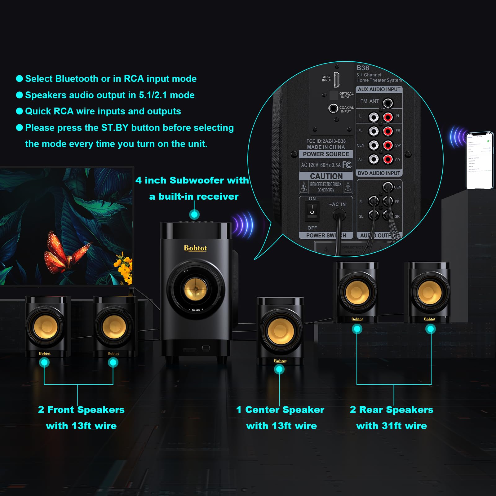 Surround Sound Systems Small 5.1 Home Theater System Speakers For Tv Subwoofer With Hdmi Arc Optical Bluetooth Input Stereo Home