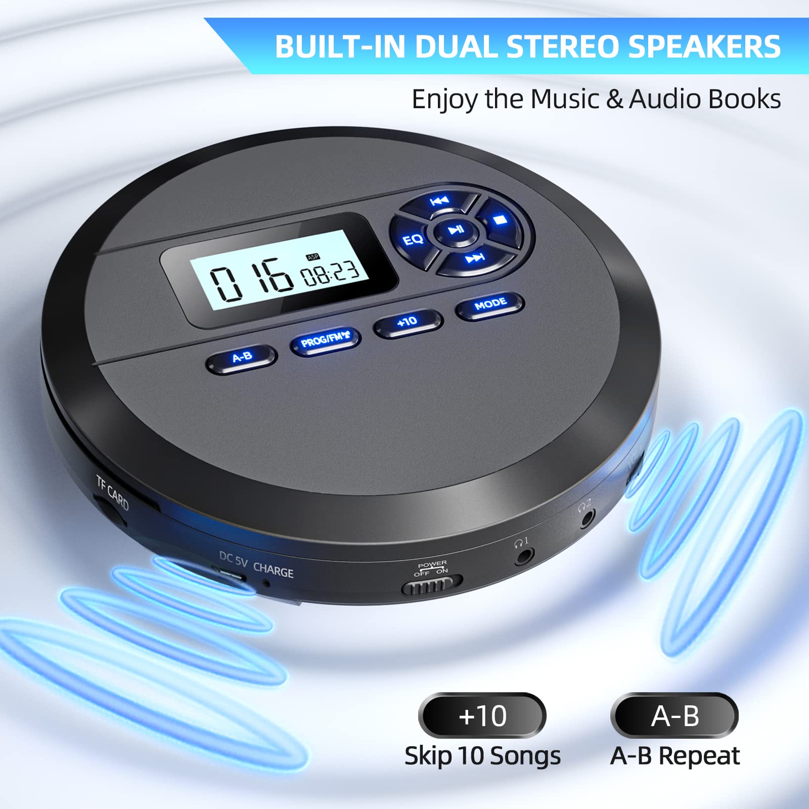 Cd Player Portable, Desobry Portable Cd Player With Speakers & Fm Transmitter, Compact Cd Player For Car Built In 2000Mah Rechar