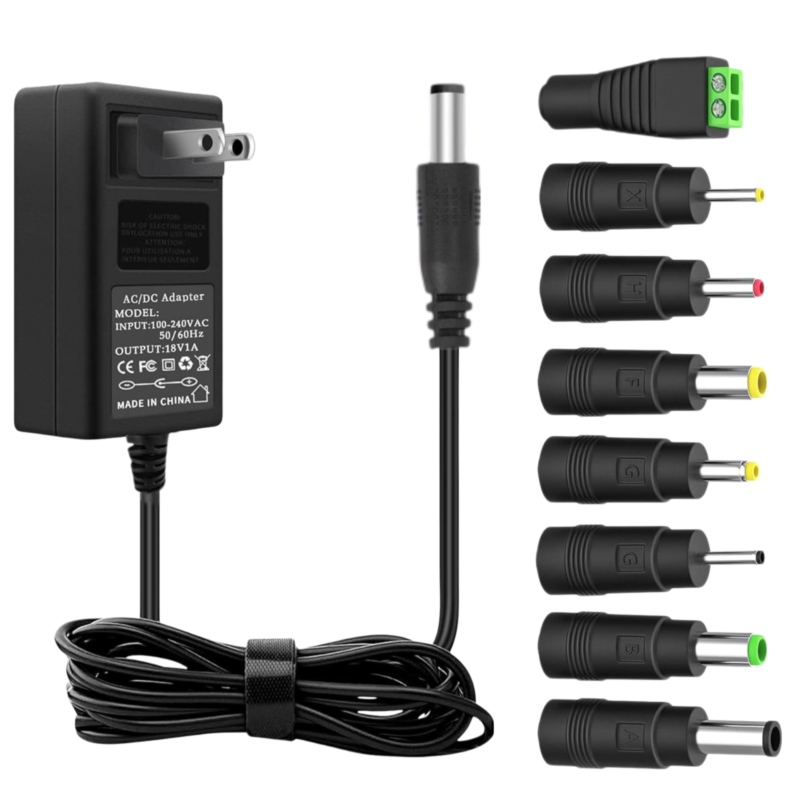 18V1A AC DC Power Supply Adapter, Charger DC Power Cord with 8 Interchangeable Jacks for 100mA 200mA 300mA 400mA 500mA 600mA 800