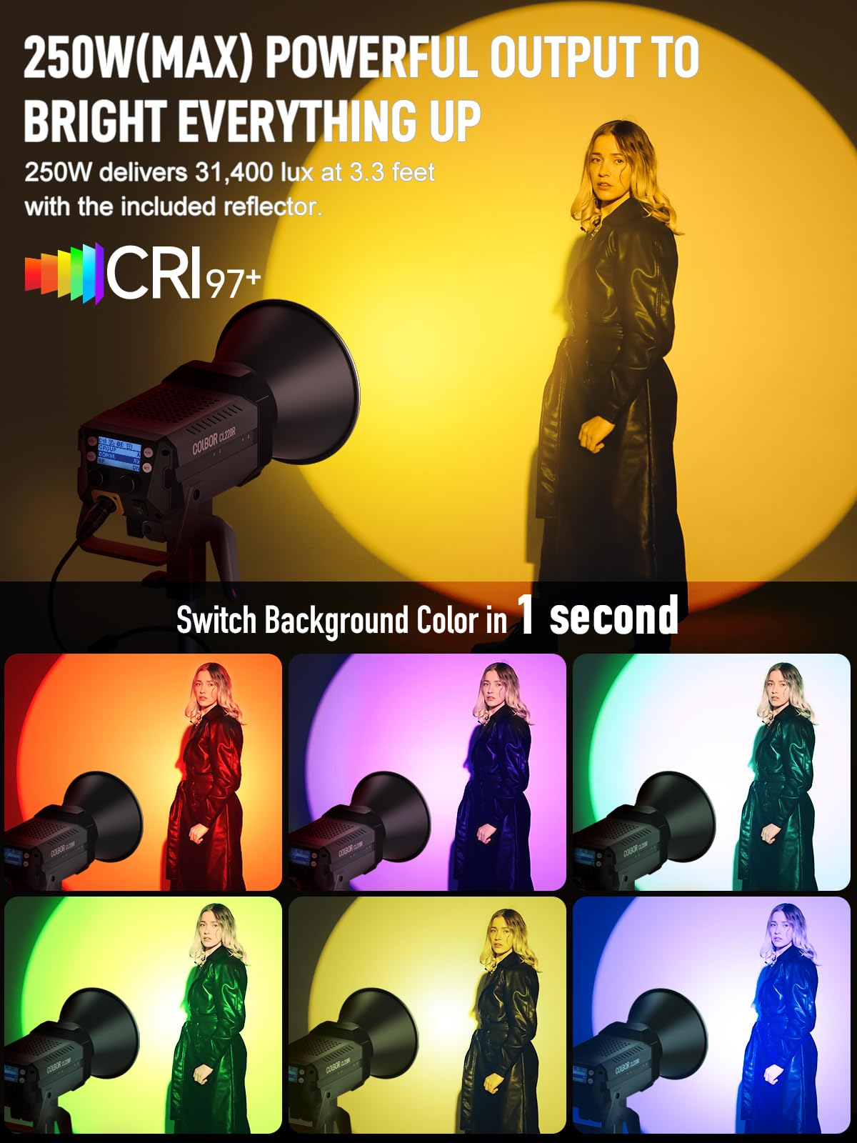 Video Light, Colbor Cl220R Rgb 250W Max Continuous Lighting 2700 6500K Cri97+ 31,400Lux@3.3Ft Cob Studio Light With Bowens Mount