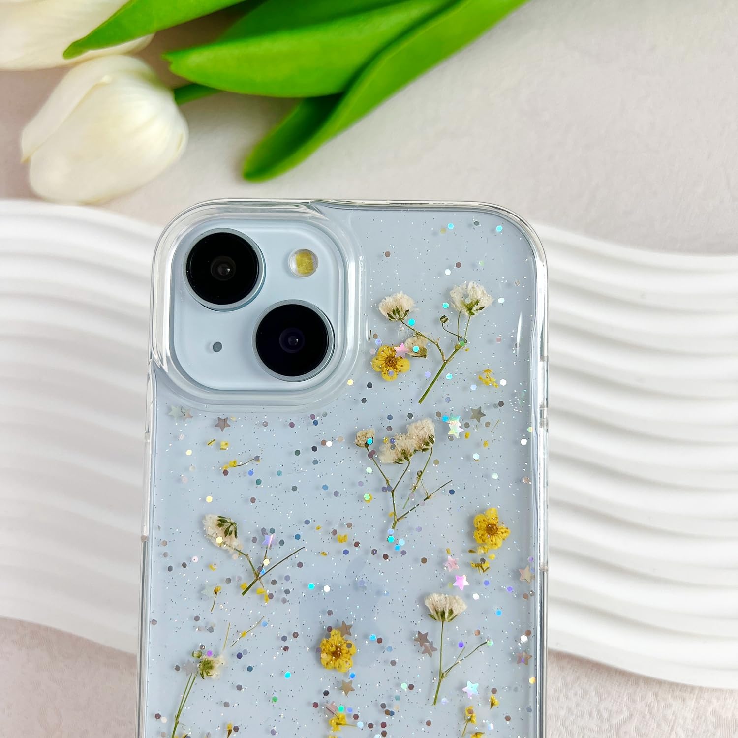 Lseeka For Iphone 15 / Iphone 14/ Iphone 13 Clear Case With Pressed Real Flowers Design,Glitter Cute Yellow Floral Pattern Soft