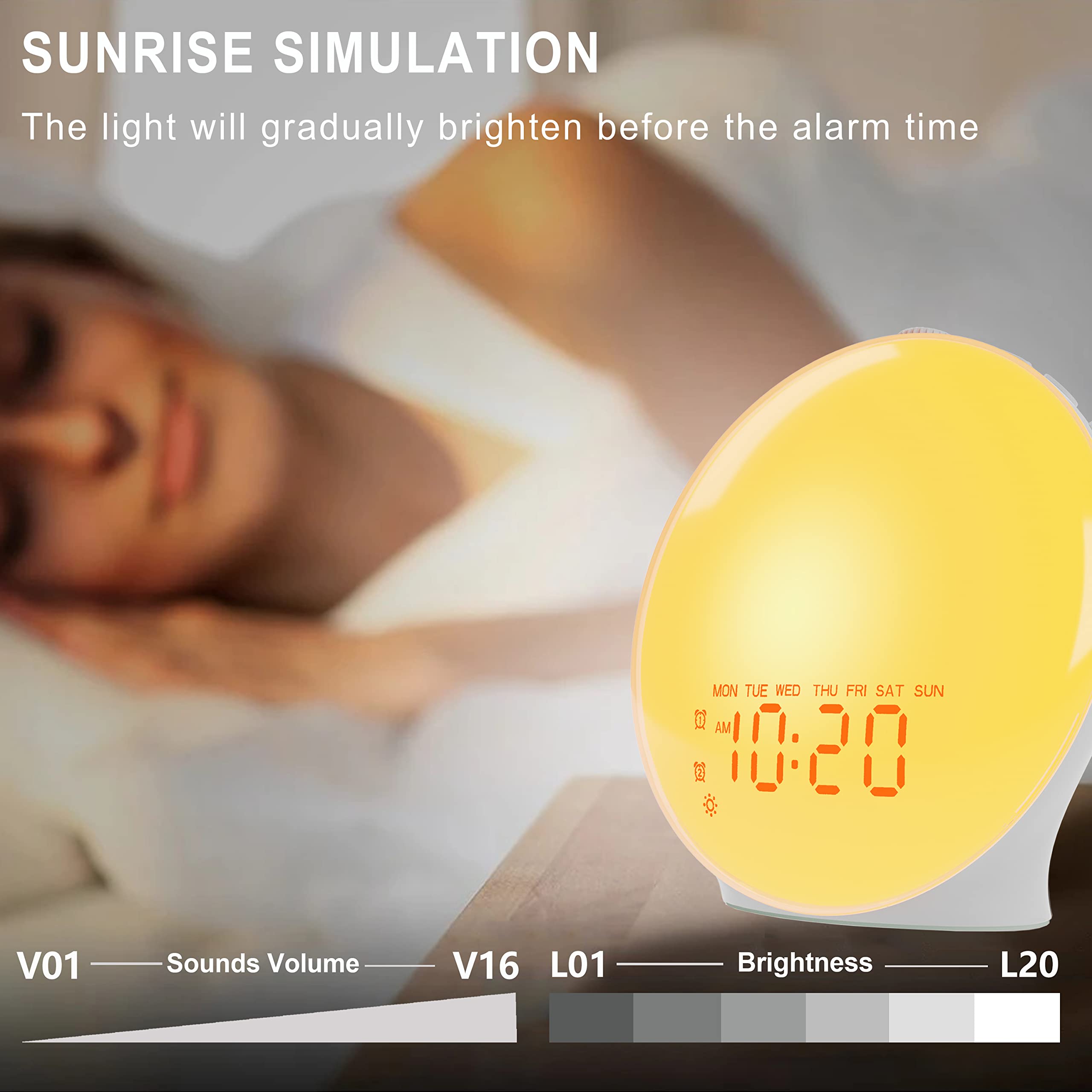 Jall Wake Up Light Sunrise Alarm Clock For Kids, Bedroom, Full Screen With Sunrise Simulation, Dual Alarm, Fm Radio, 15 Nightlig