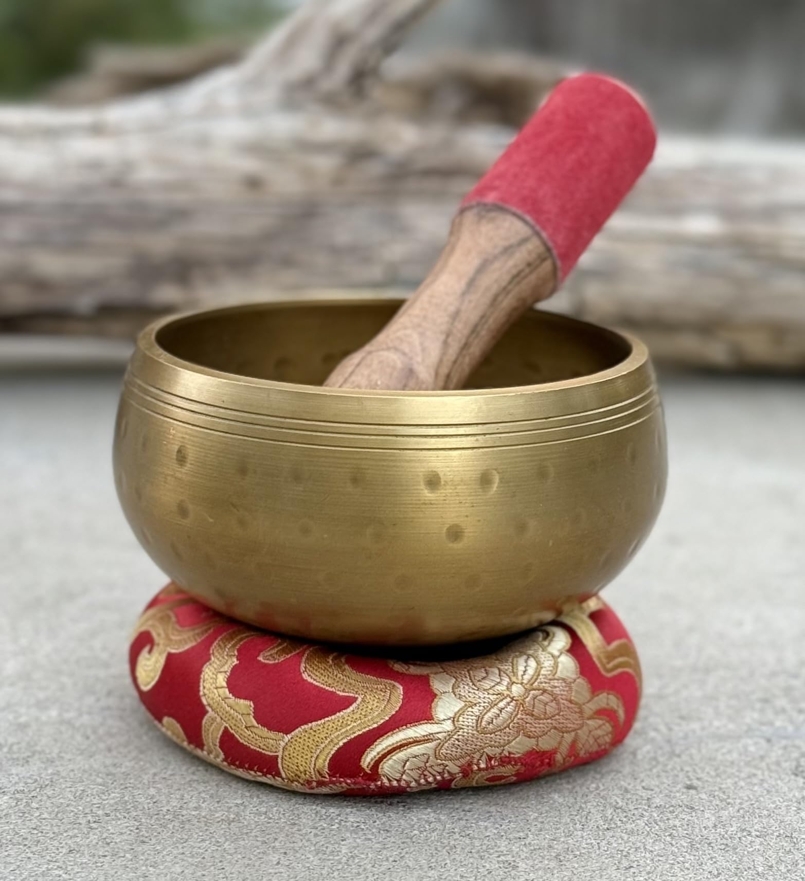 Dharmaobjects Tibetan Ring Gong Meditation Singing Bowl Mallet Cushion Set (Md)