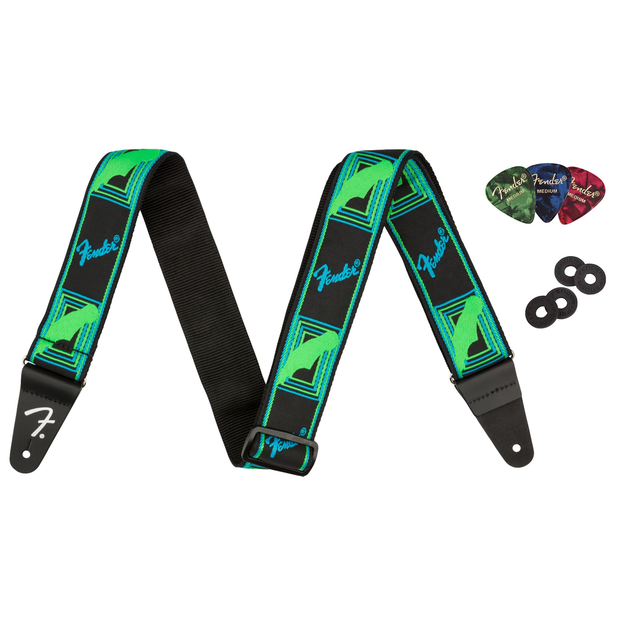 Fender Neon Monogrammed 2-Inch Guitar Strap - Blue and Green Bundle with Strap Blocks and Picks