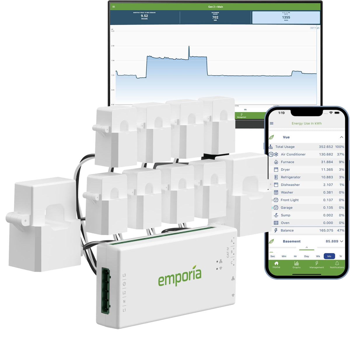 Emporia Gen 3 Smart Home Energy Monitor With 8 50A Circuit Level Sensors | Home Energy Automation And Control | Real Time Electr