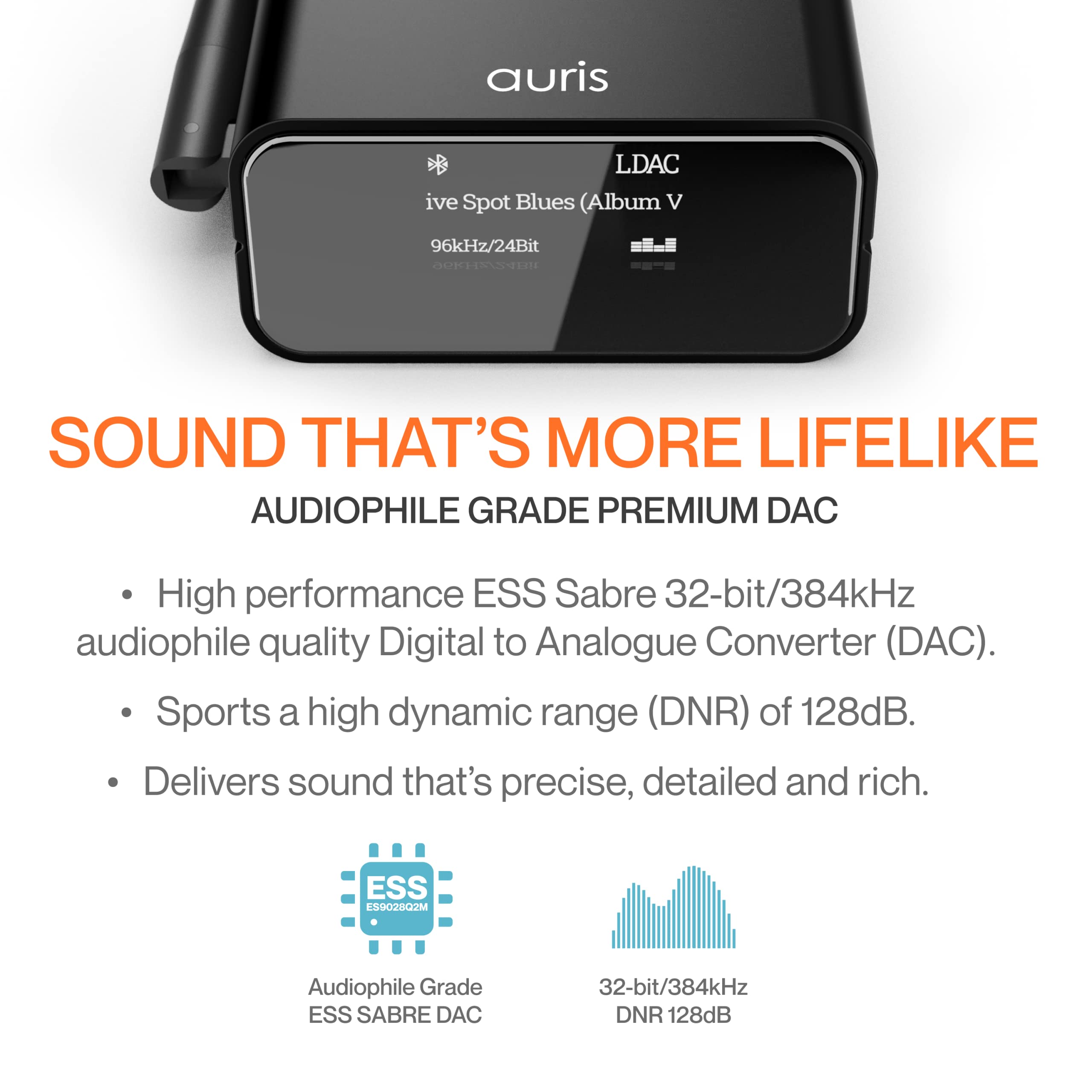 Auris Blume Pro Hifi Bluetooth 5.0 Music Receiver Long Range Bluetooth Adapter With Audiophile Dac, Ldac, Aptx Hd, Oled Display & Optical Coaxial Aux Output For Home Stereo, Av Receiver Or Amplifier