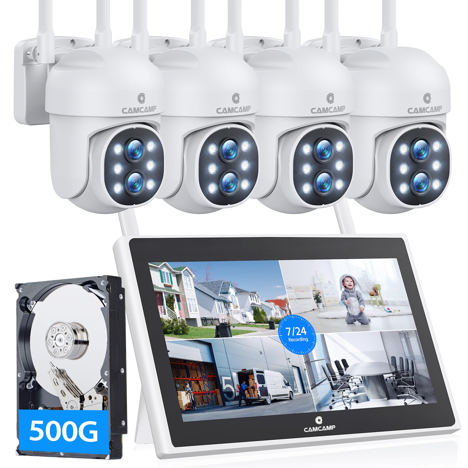 ?Lcd Screen+2 Way Audio?Camcamp Home Security Camera System With 10.1''Lcd Monitor, 4Pcs 2K Outdoor Wifi Ptz Wireless Security D