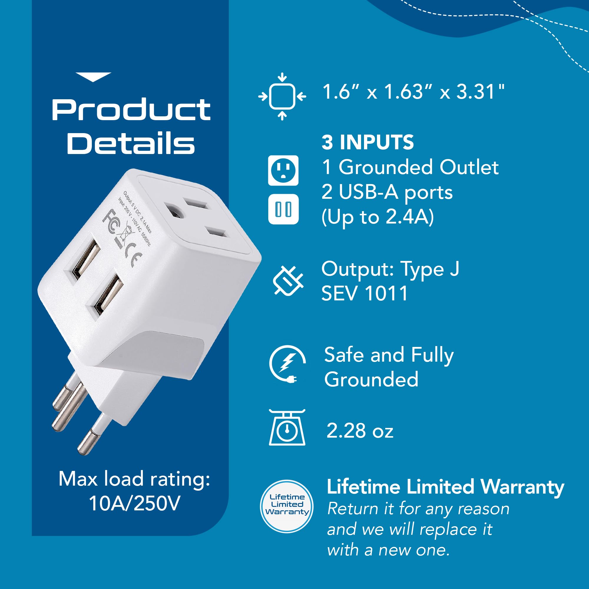 Ceptics Switzerland Travel Plug Set - With 2 Usb + Usa Socket Input - Type J And Type C- Ultra Compact - Safe Grounded Perfect F