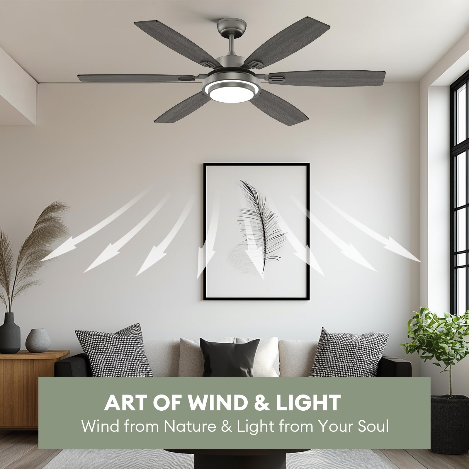 Fanbliss 60 Inch Grey Large Ceiling Fans With Lights And Remote Control For Living Room, Modern Ceiling Fan With Quiet Reversibl