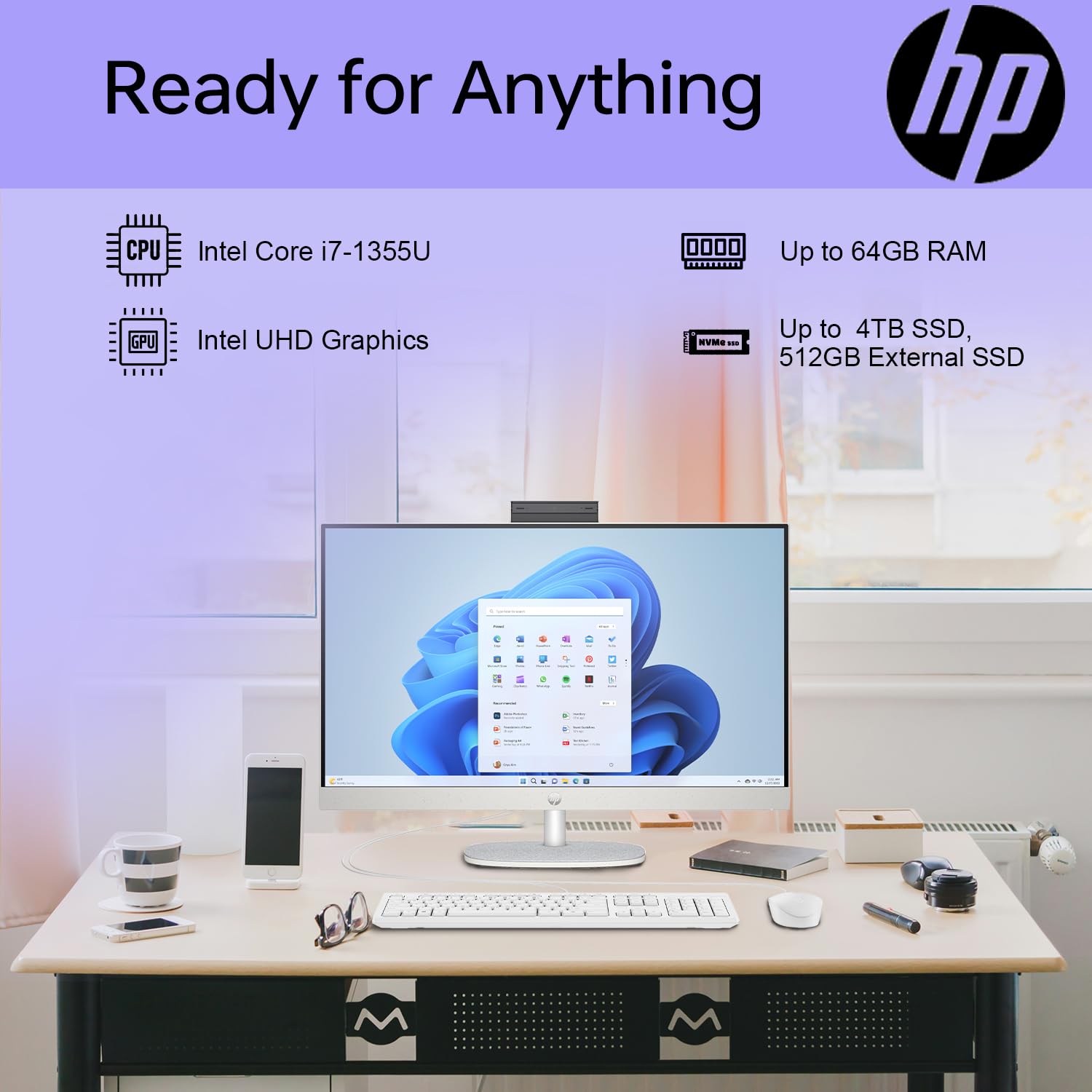 Hp 27 I7 All In One Desktop, 27 Fhd, Intel I7-1355U, 64Gb Ram, 2Tb Ssd, Wired Keyboard & Mouse, Ir Camera, Hdmi, Rj45, Wi-Fi 6,