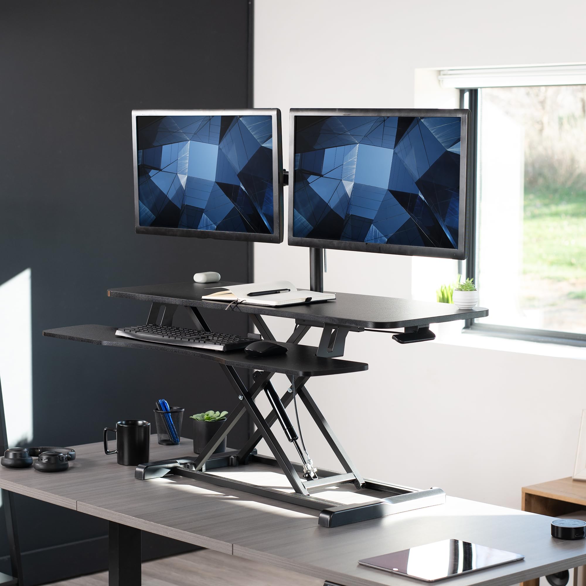 VIVO Height Adjustable 42 inch Standing Desk Converter with Dual 13 to 30 inch Monitor Stand, Sit Stand Monitor Mount and Desk Riser, Black, DESK V042KB M2