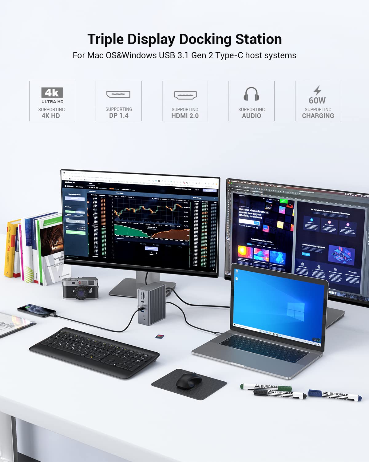 Usb C Docking Station 16 In 1 Triple Display With Charging Support For Macbook Pro & Windows Usb 3.1 Gen2 Type C Systems (Dual 4