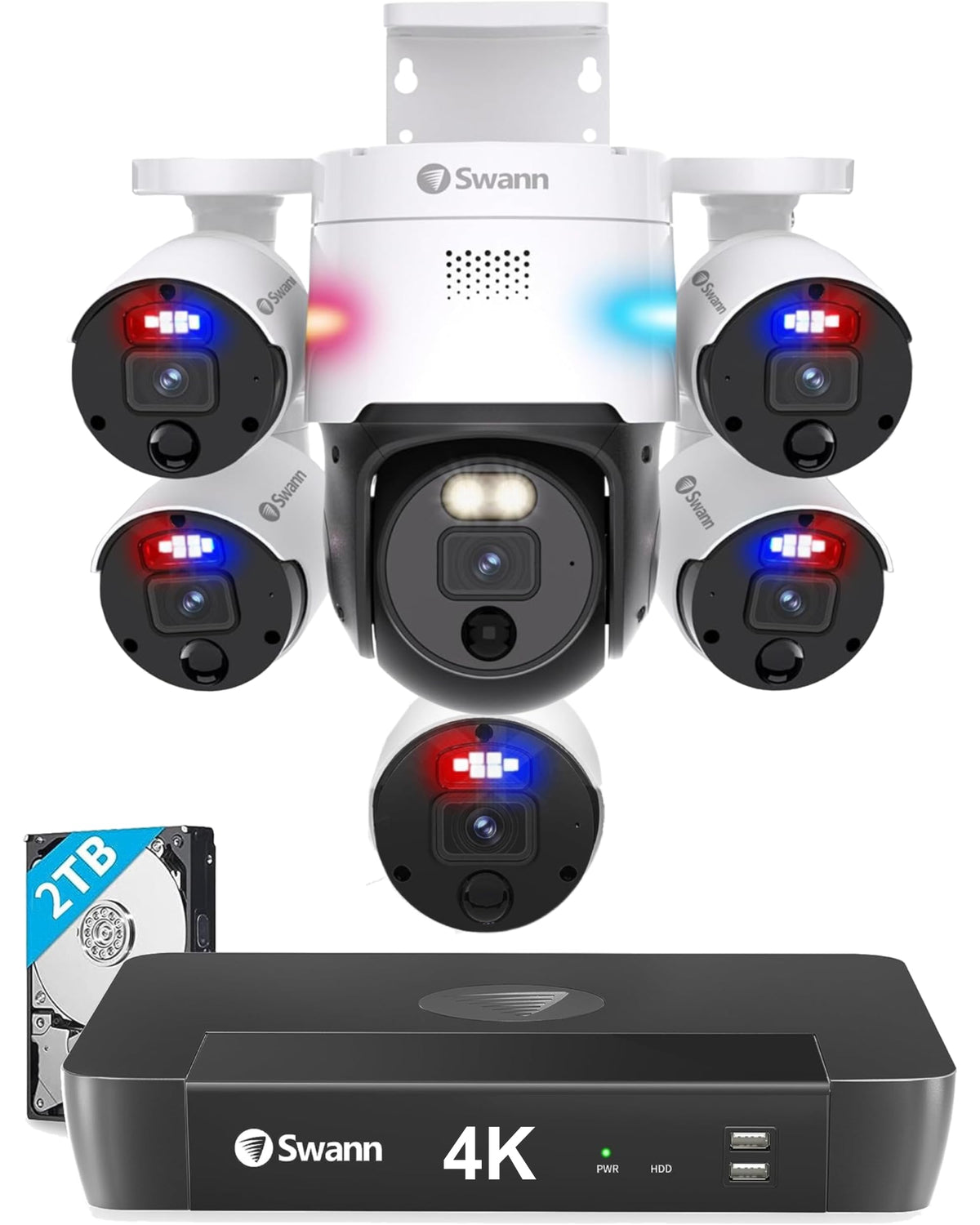 Swann 4K Uhd Home Security Camera System, 8Ch Nvr With 2Tb Hdd, 6 Indoor Outdoor Bullet & Pt Ip Cameras, Poe Wired, Video Analyt