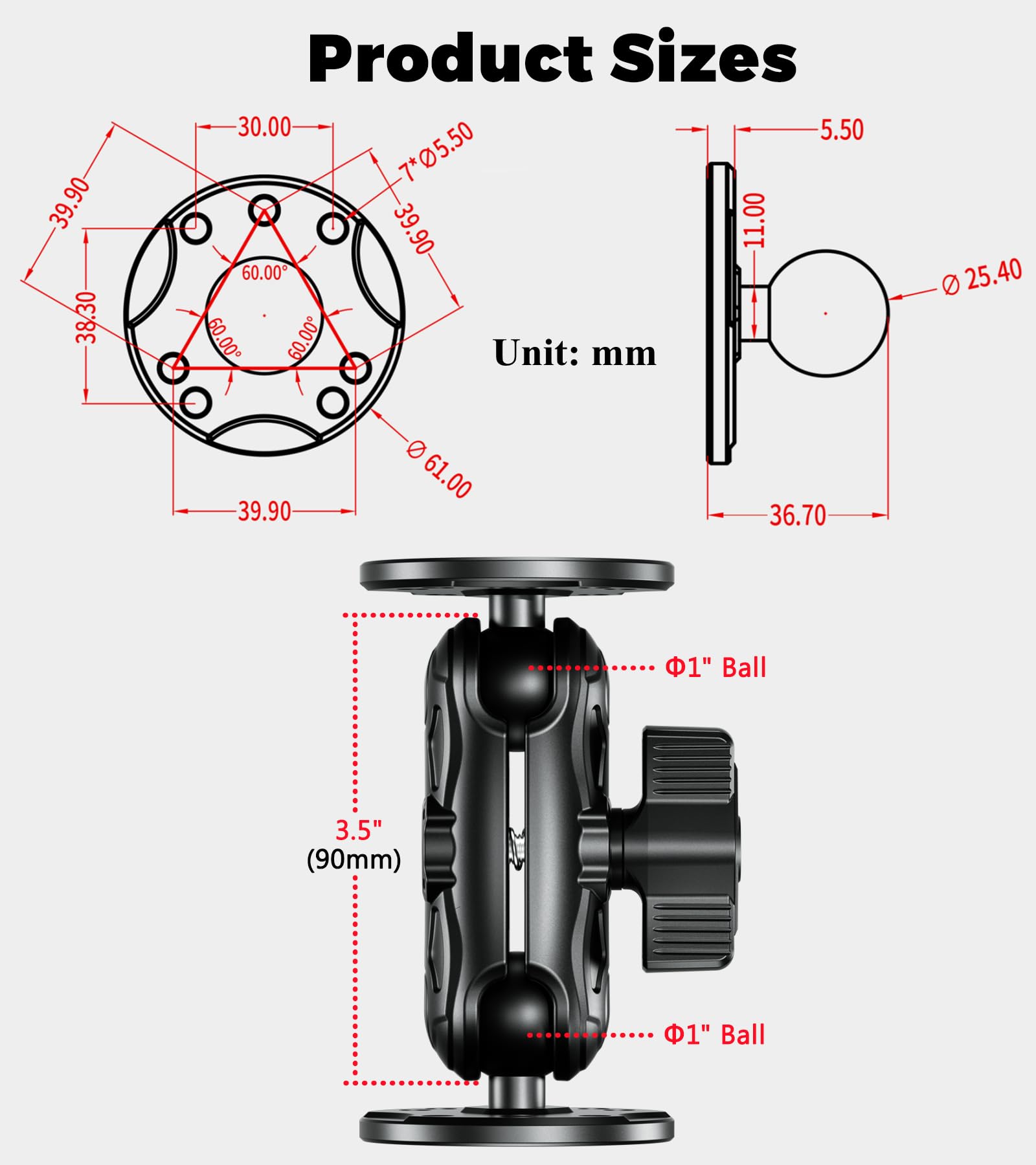 Vazeswin Aluminum Alloy Electronic Device Mount With 1'' Ball Round Plates, 3.5'' Medium Arm Fish Finder Mount Tablet Holder, B