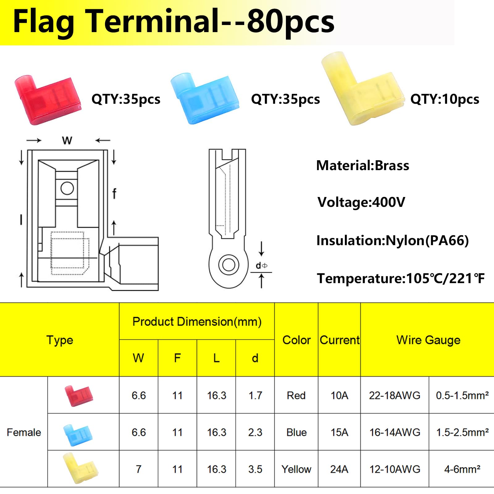 Smseace 81Pcs Right Angle Spade Connectors With Flag Terminal Crimper 22 18/16 14/12 10Awg Quick Disconnect Flag Connector + Ele
