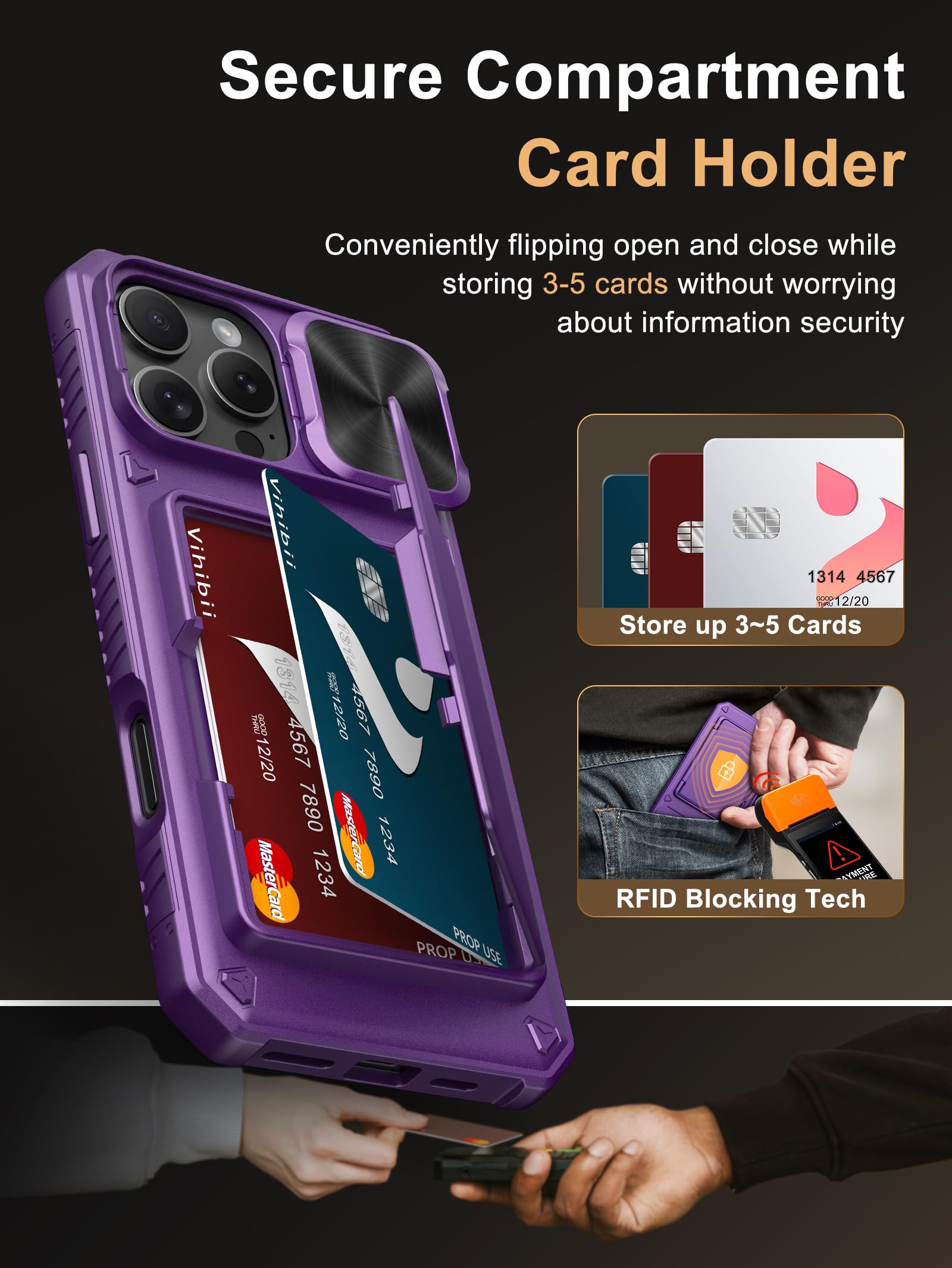 Vihibii For Iphone 16 Pro Max Case Wallet With Card Holder (4 Cards) [Rfid Blocking] & Slide Camera Cover, Military Grade Drop P