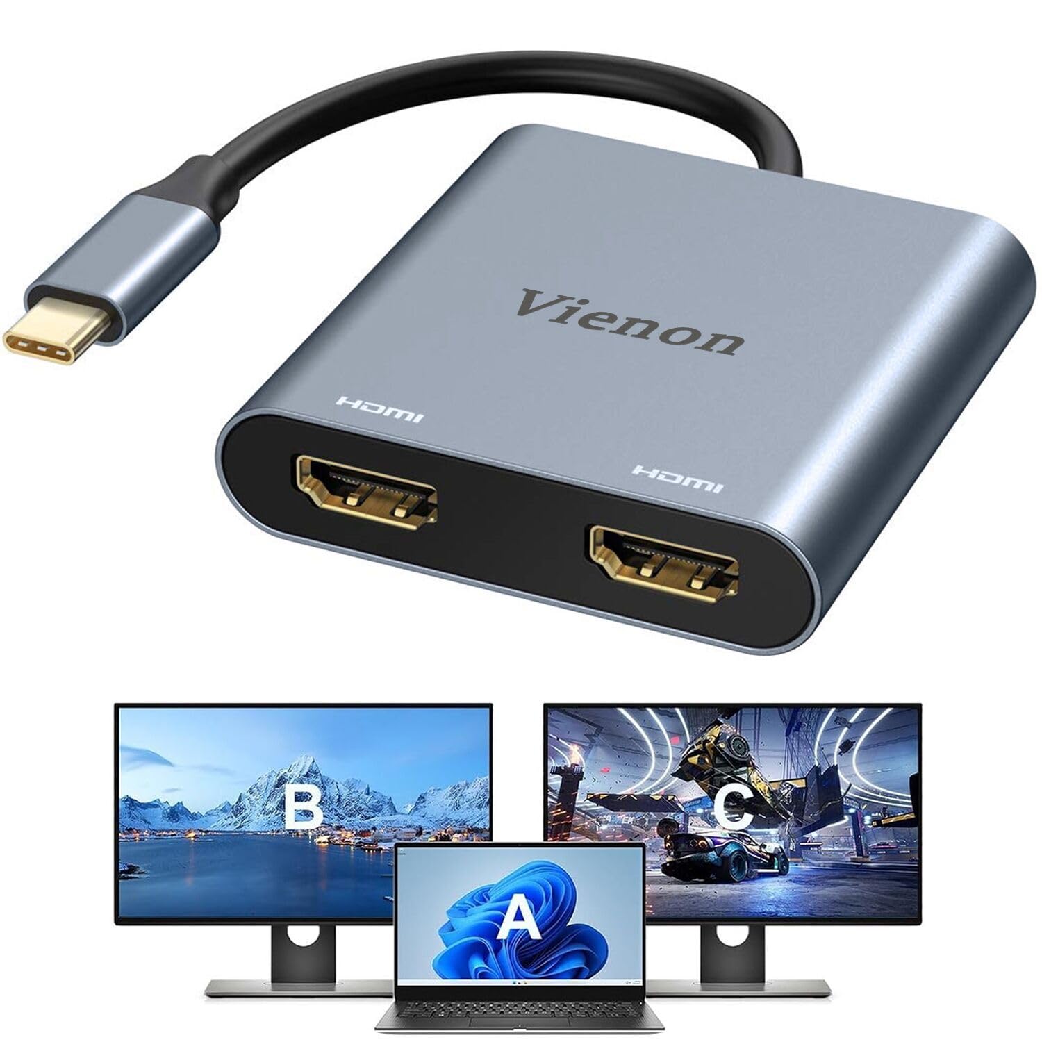 Vienon Usb C To Dual Hdmi Adapter 4K@60Hz, Type C To Hdmi Splitter For 2 Monitors, (Thunderbolt 3/4) Usb C To Dual Hdmi Hub Extend Display For Macbook Air/Pro, Dell Xps, Surface, Chromebook