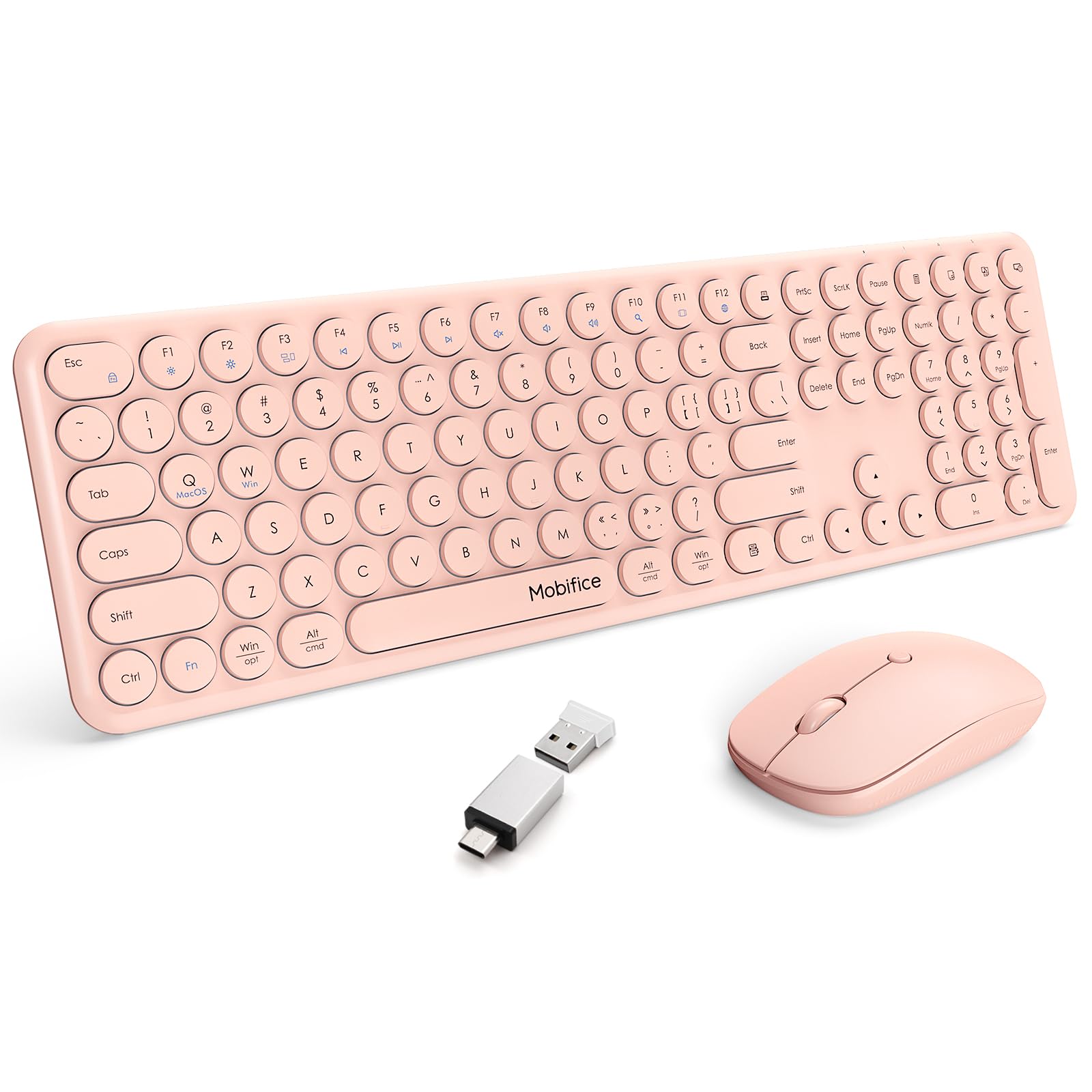 Mobifice Cute Wireless Keyboard Mouse Combo,Pink 2.4G Cordless Full Sized Computer Keyboard And Mouse Set With Colorful Retro Ro