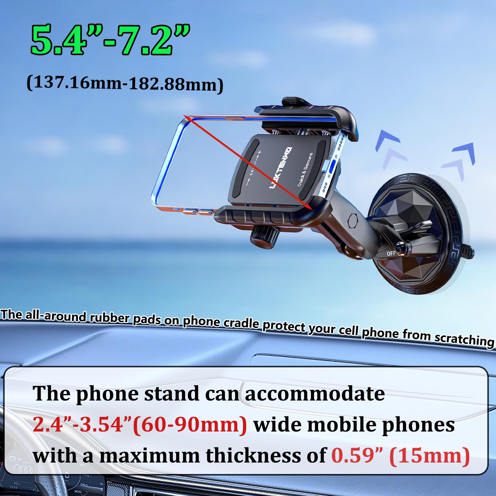 Loktenwo Car Phone Holder Mount With Vibration Dampener & Twist-Lock Suction Cup Base, [Camera Friendly] [1S Lock & Release] Wit